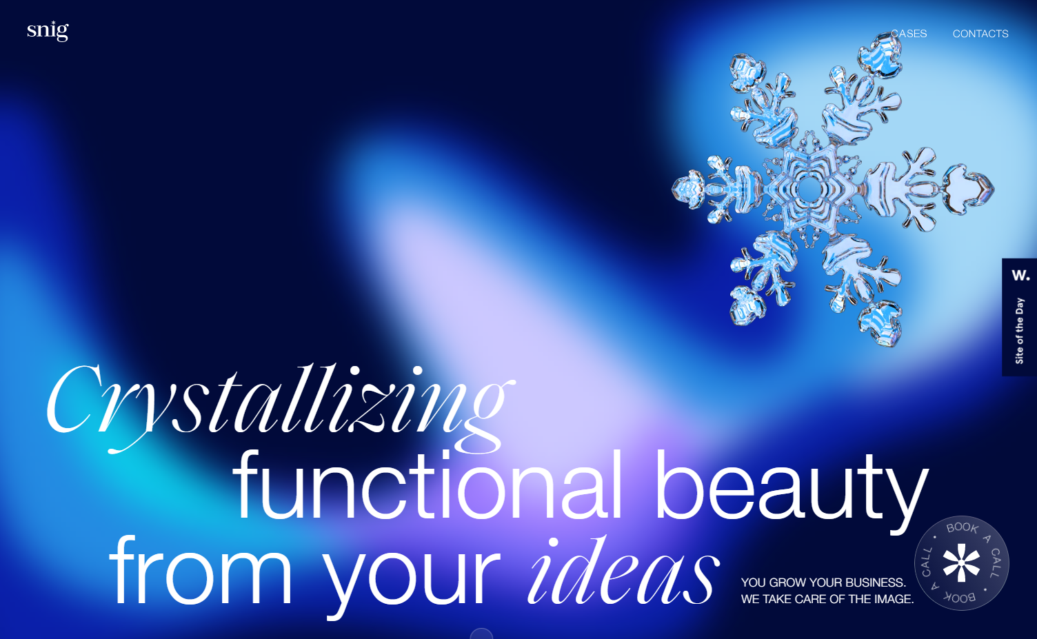 Snig Digital homepage showing a glassy snowflake and the text “Crystallizing functional beauty from your ideas” against a glassmorphism effect layered over the blue-and-purple backdrop.