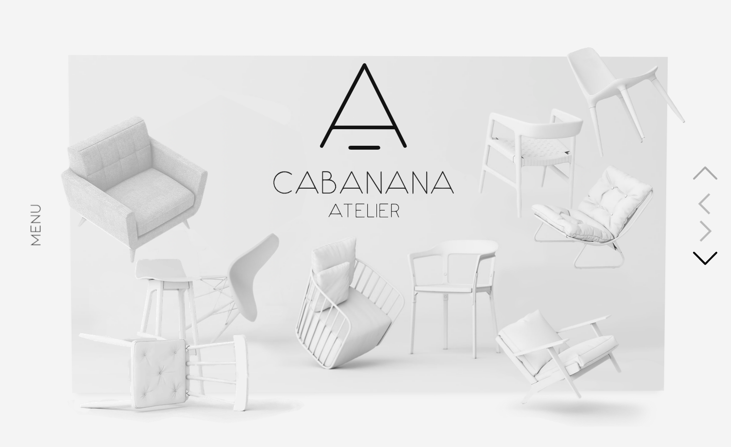 Cabanana Atelier landing page showing grayscale illustrations of floating white chairs.