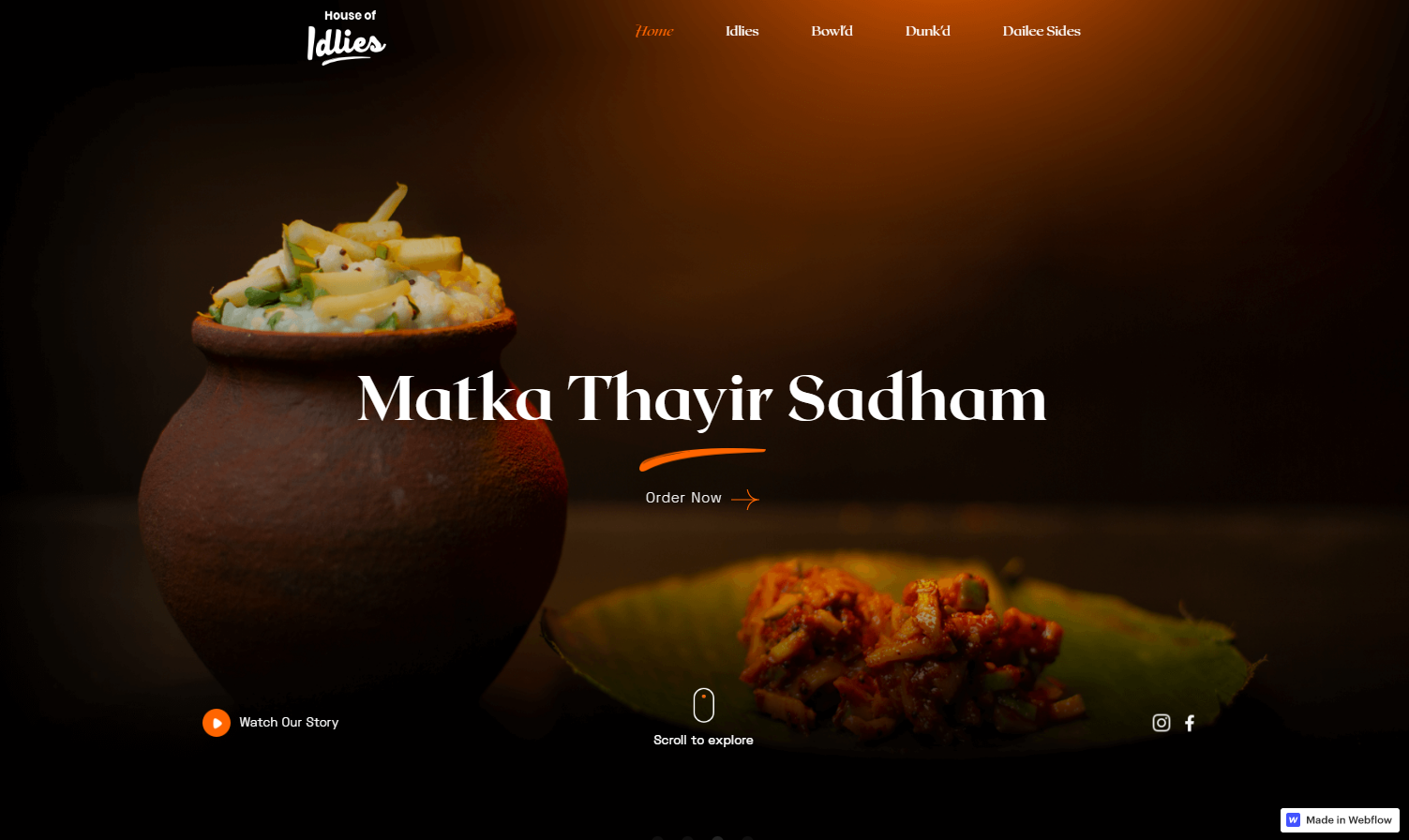 House of Idlies website showing photos of the food against a dramatically dark background.
