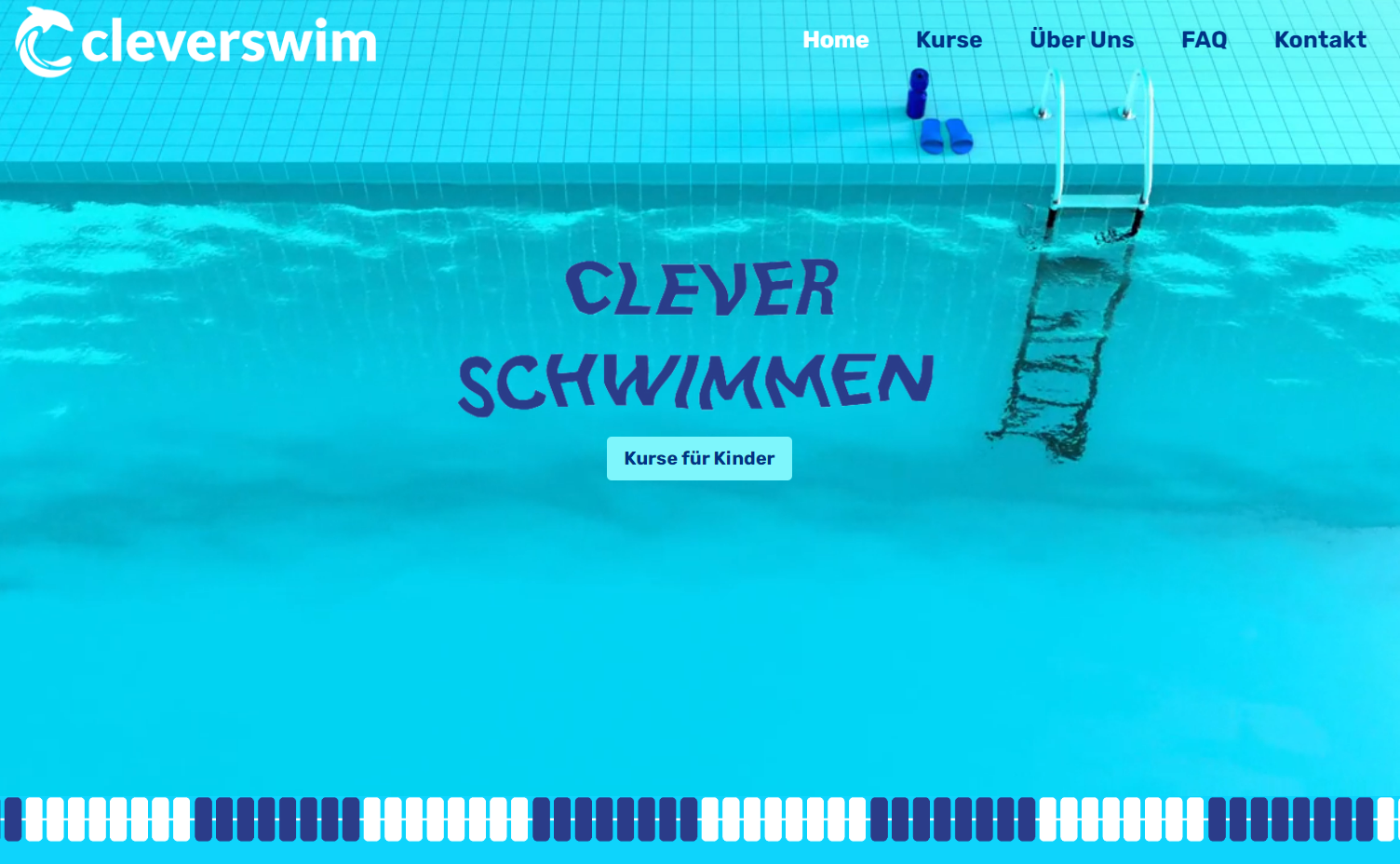 Cleverswim landing page showing a light-blue swimming pool and a section divider shaped like a pool lane divider.