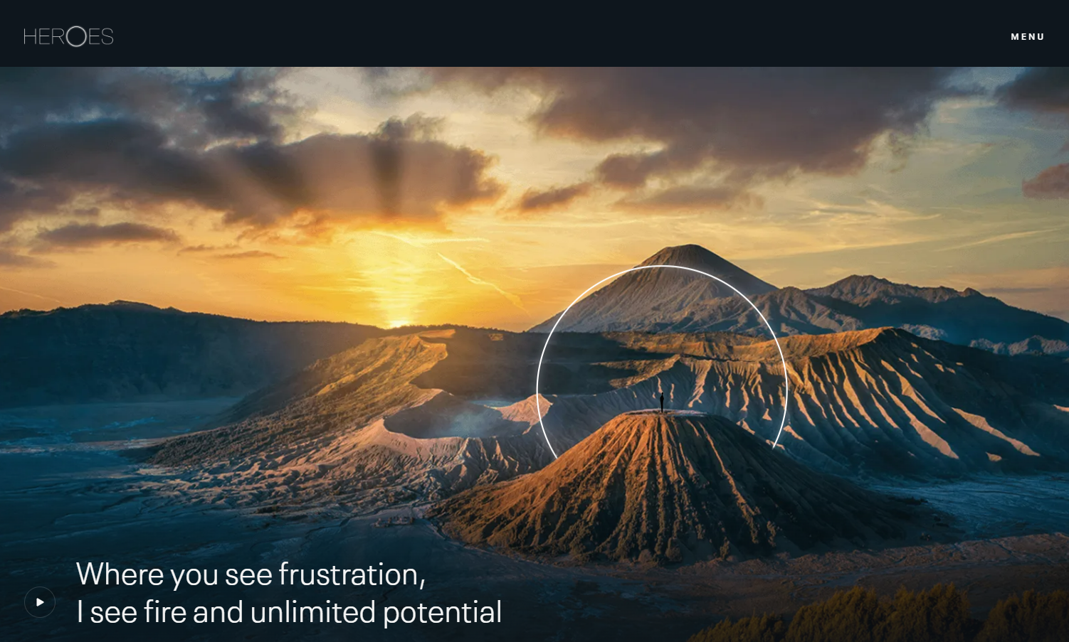 Section of the HEROES website showing a landscape with mountain ridges. A person stands on the closest peak, with a large white circle highlighting their location.