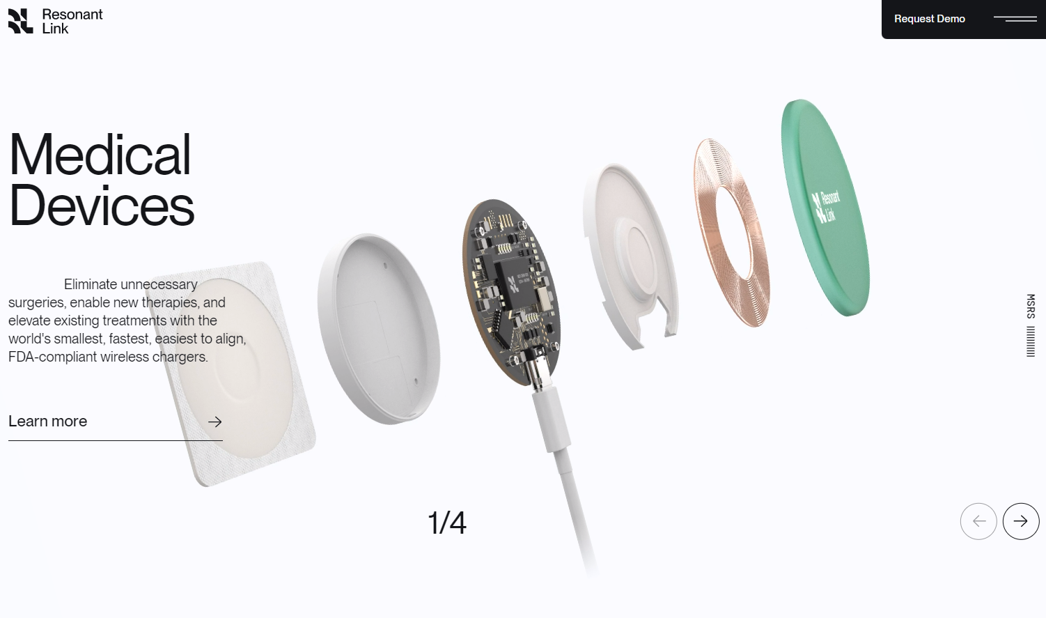 Resonant Link homepage showing the endpoint of an animation that breaks apart the wireless charger into six pieces.