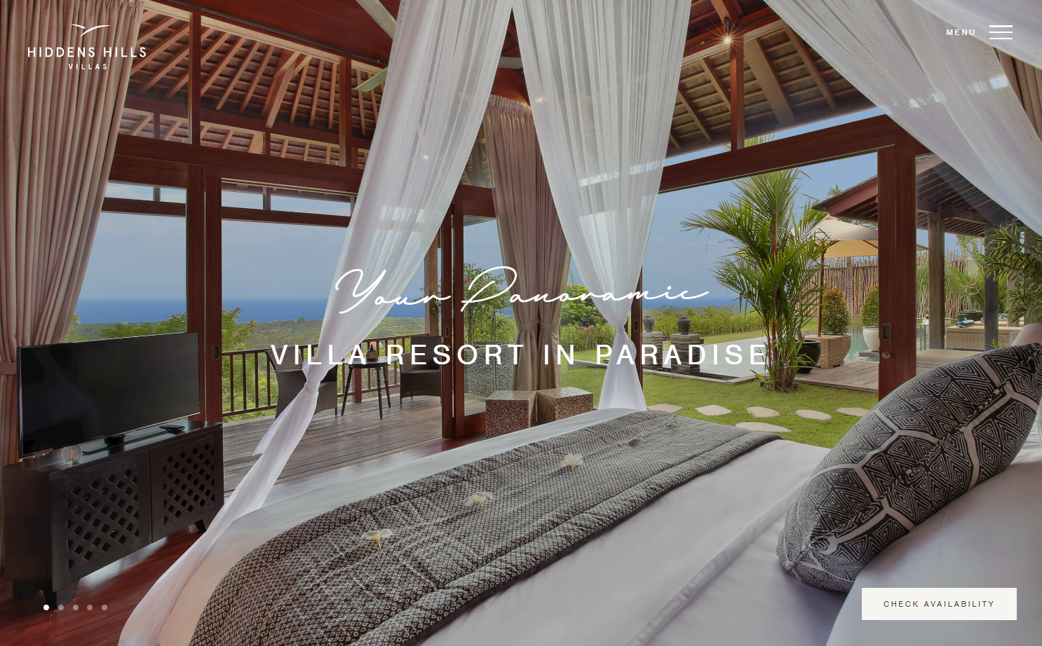 Hidden Hills Villas homepage showing a photo taken from the interior of an open seaside villa and the text “Your panoramic villa resort in paradise.”