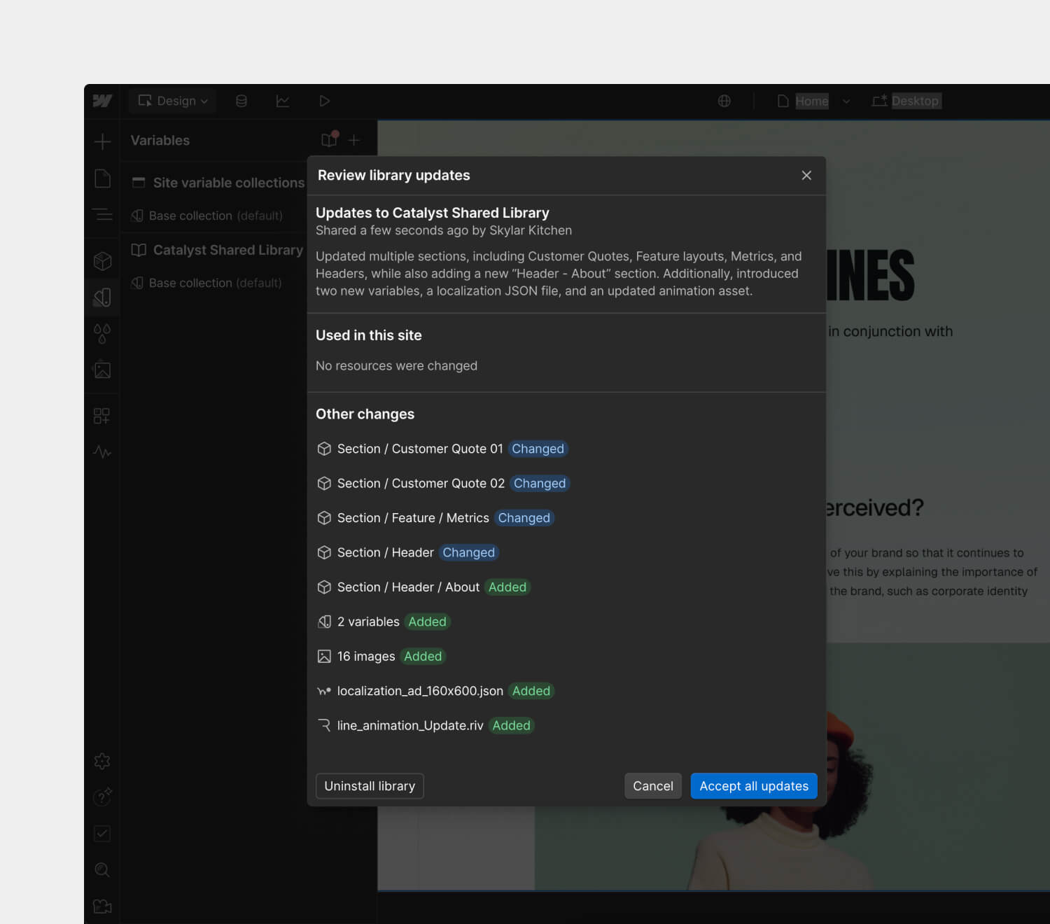 Webflow interface displaying a 'Review library updates' modal for the Catalyst Shared Library. The update log lists changes to sections, variables, images, and files, with options to accept updates or uninstall the library.
