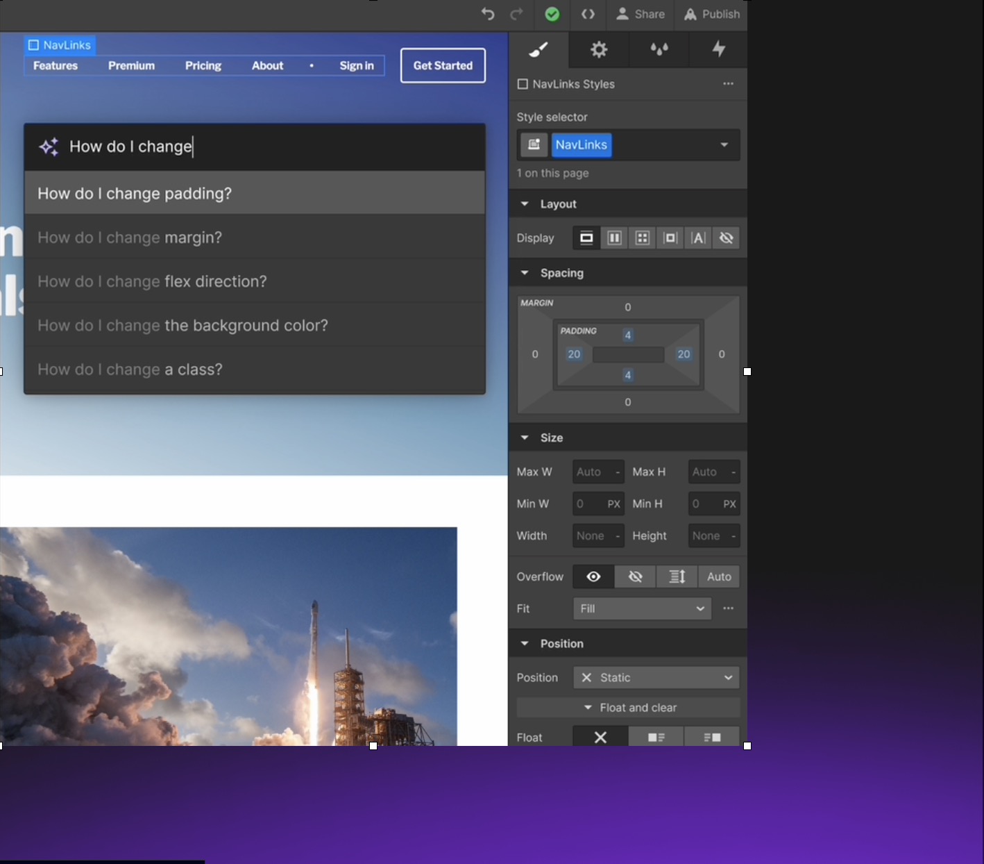Screenshot demonstrating AI search in Webflow Designer, search bar shows "how do I change" with a dropdown of auto-populated "how do I change" options including padding, margin, flex direction, the background color, a class.
