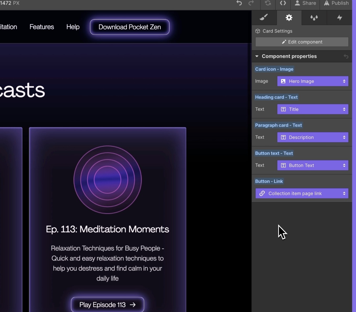 screenshot showing component properties in collection lists in Webflow Designer