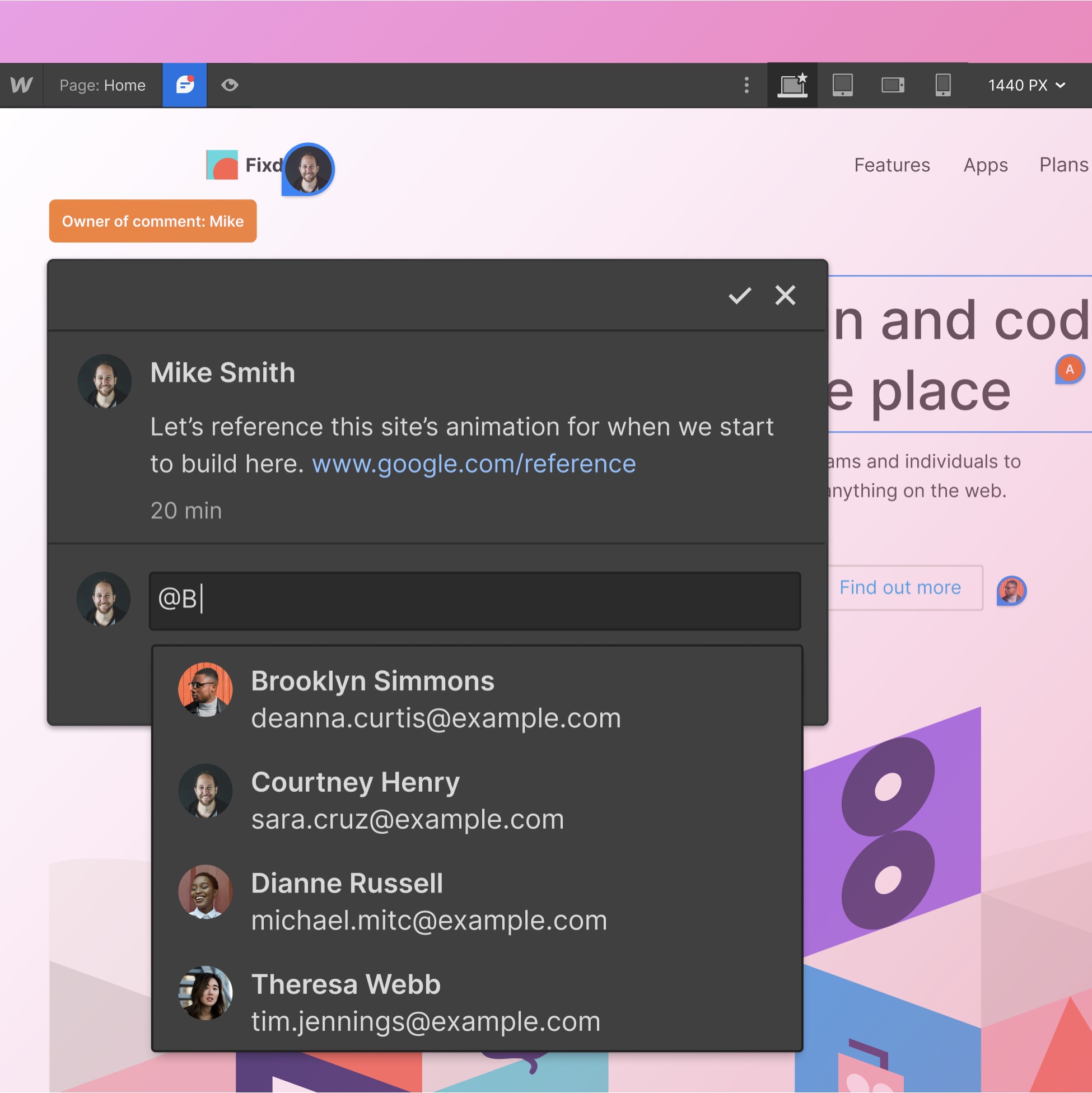 Screenshot demonstrating commenting in Webflow Designer