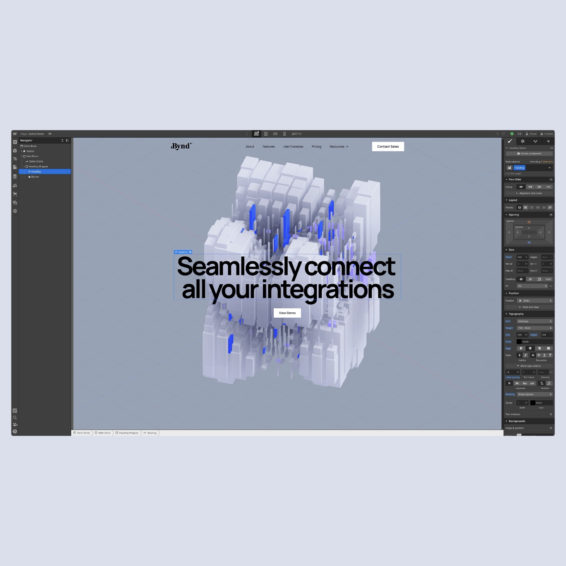 screenshot of a 3D animation made with the Spline integration in the Webflow Designer
