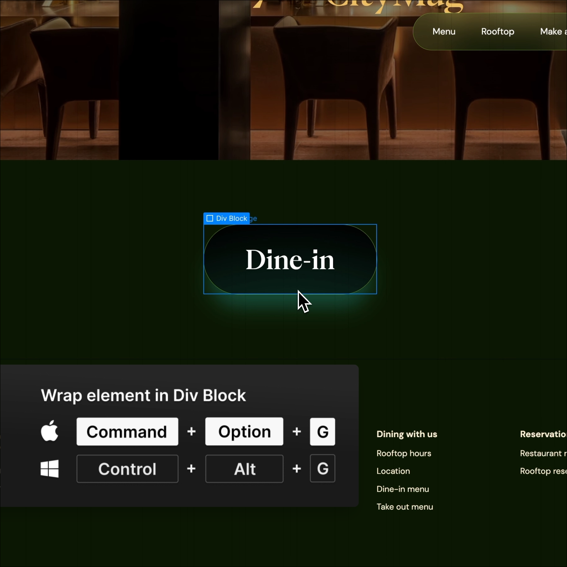 Screenshot demonstrating the ability to wrap elements in div blocks, showing Apple shortcut (command + option + G) and Windows shortcut (Control + alt + G)