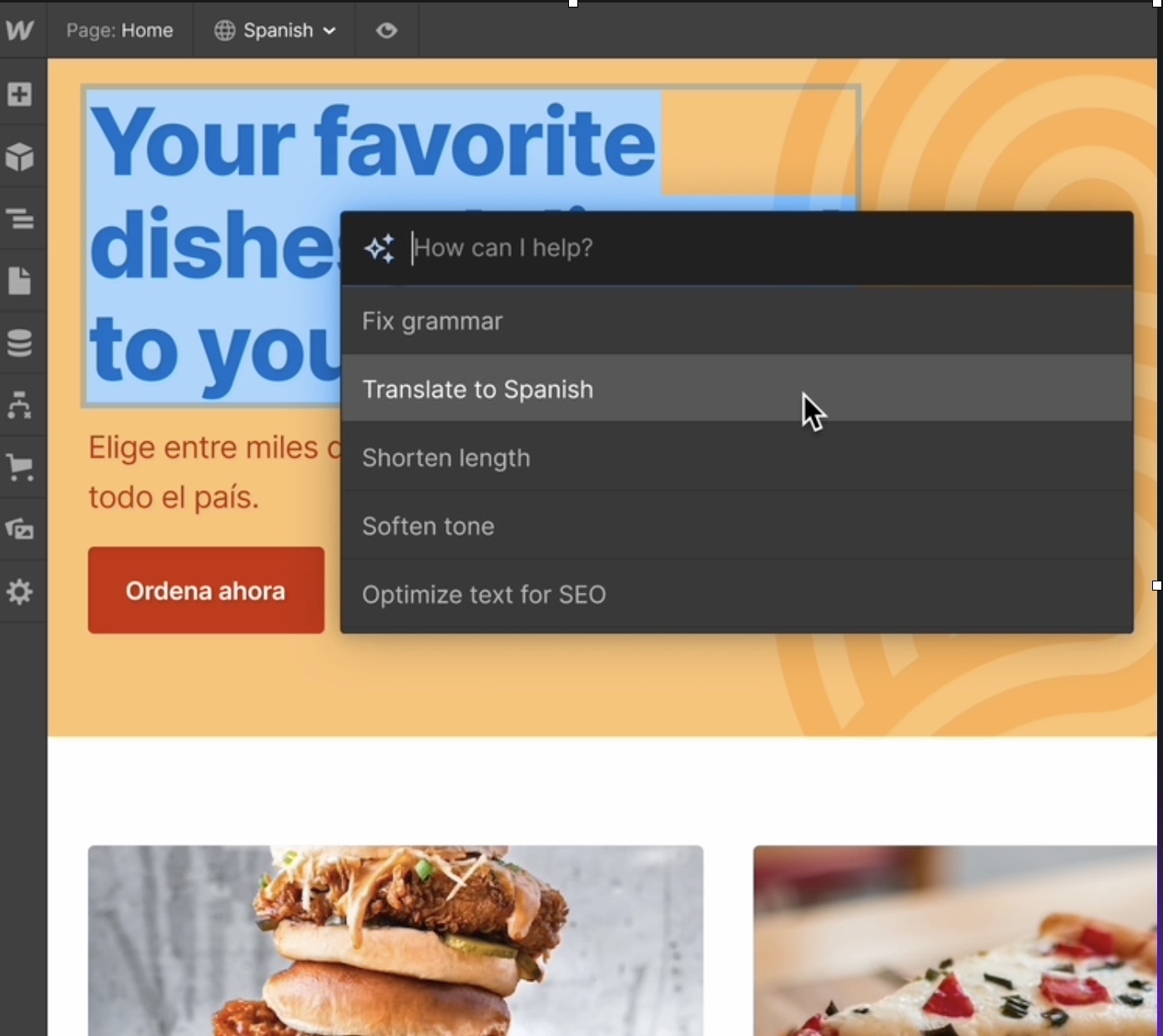 Screenshot showcasing AI Assistant in Webflow Designer. AI assistant asks "how can I help" and shows a dropdown of options including fix grammar, translate to Spanish, shorten length, soften tone, and optimize text for SEO