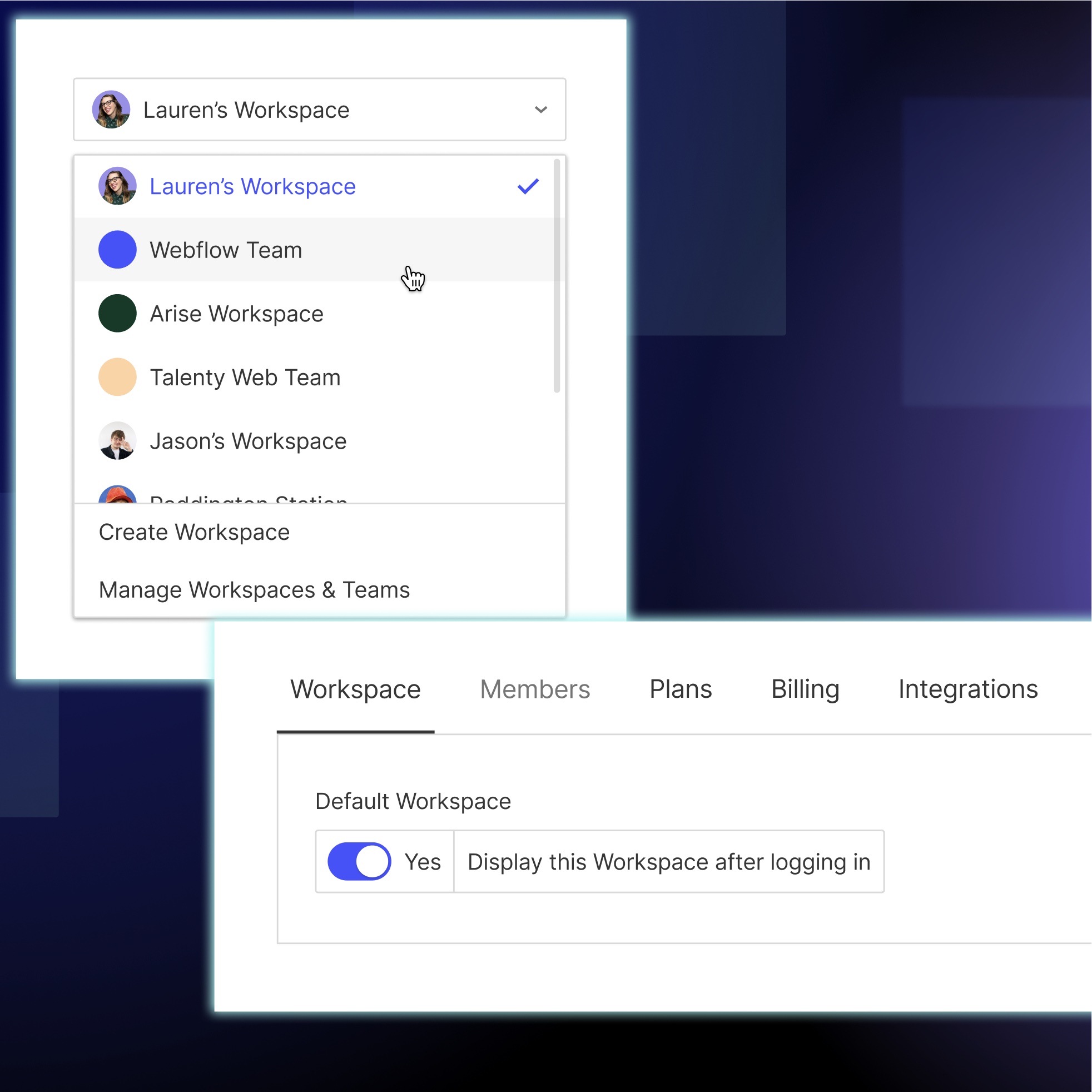 Screenshot of a dropdown menu showing various Workspaces with an option to toggle one Workspace to the default