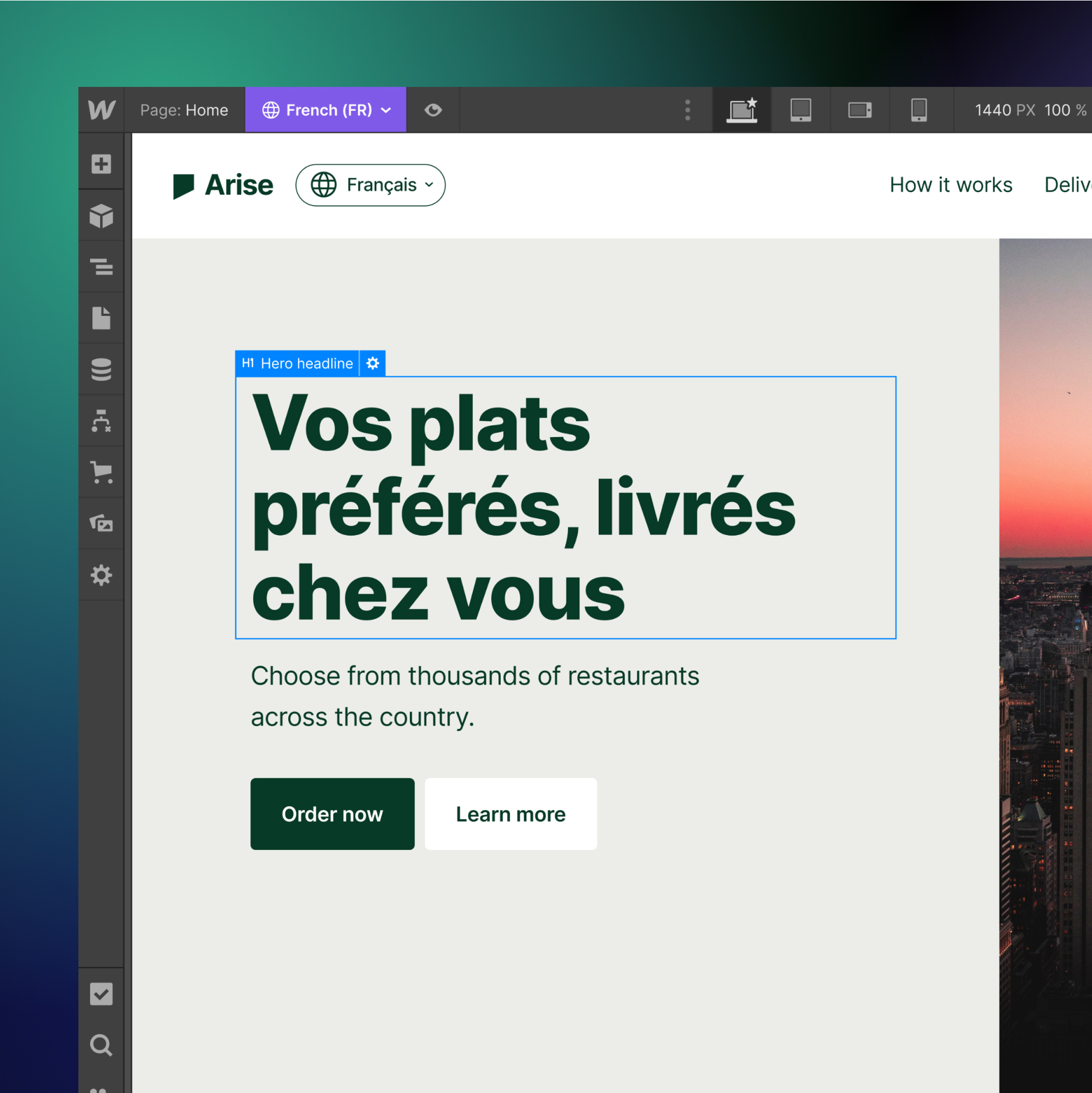 Screenshot demonstrating localization in Webflow Designer, AI-powered translation from English to French