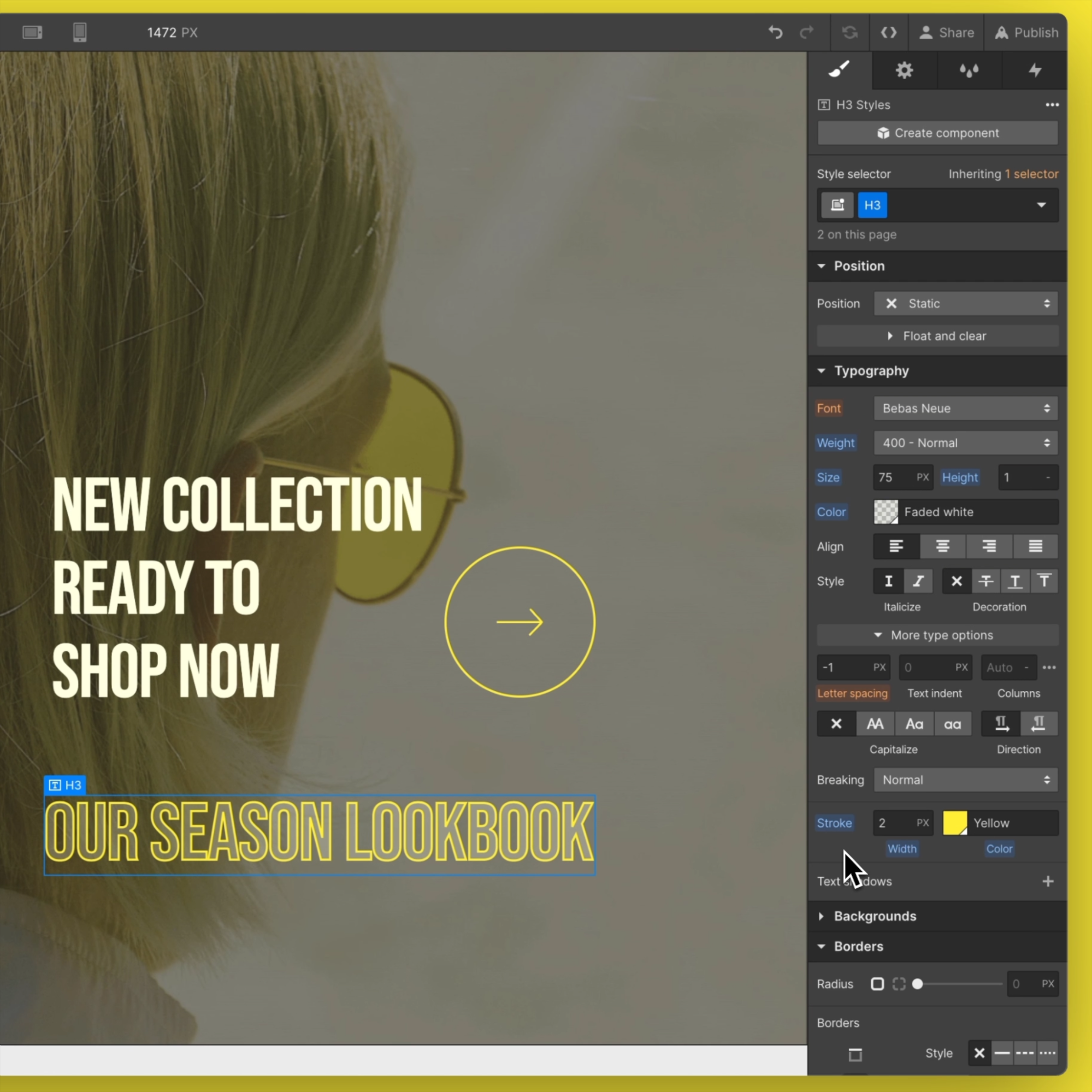 Screenshot showcasing text stroke styling in Webflow Designer with stroke set to 2px