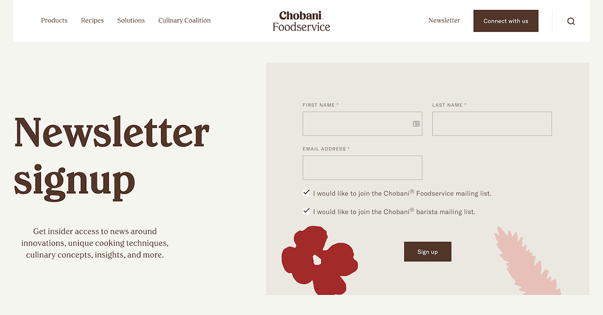 Landing page with large brown text on beige background reading “Newsletter signup” with clear fields to fill out to sign up.