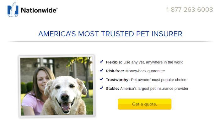 Landing page with large text reading “America’s most trusted pet insurer” with four main reasons and a button to “Get a quote.”
