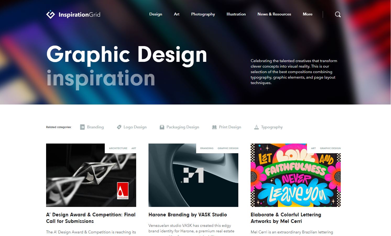A screenshot of Inspiration Grid’s graphic design blog, showing the header “Graphic Design Inspiration” and three thumbnail photos of design projects.