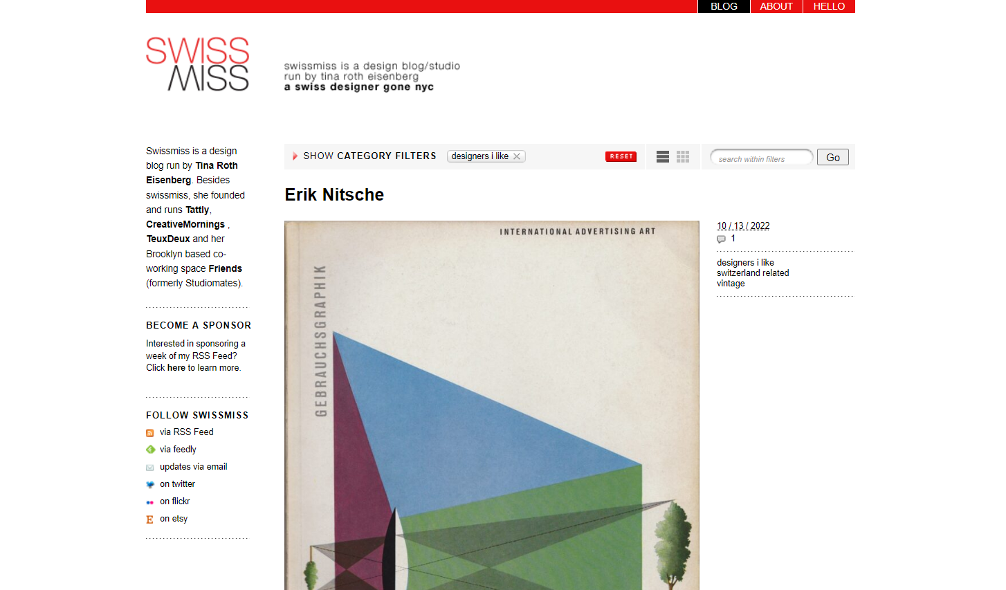 A screenshot of the swissmiss blog with an About column on the left side and a post about “Gebrauchsgraphik” by Erik Nitsche in the center.