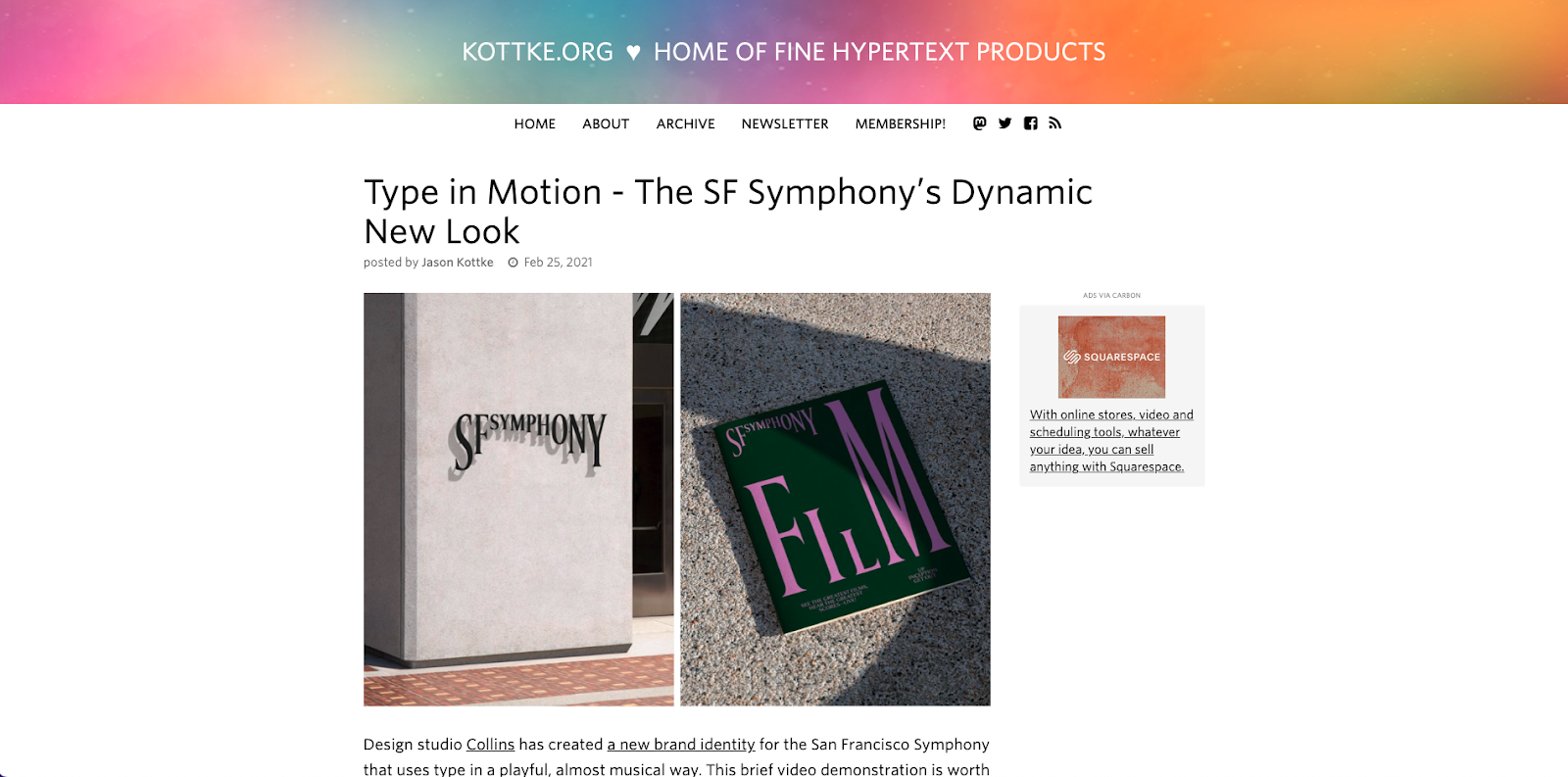 A screenshot of kottke.org’s website, a heart, and “home of fine hypertext products.” The featured project, “Making a very tiny watch screw,” shows a YouTube video in which the cover photo is a screw much smaller than the head of the match shown for scale