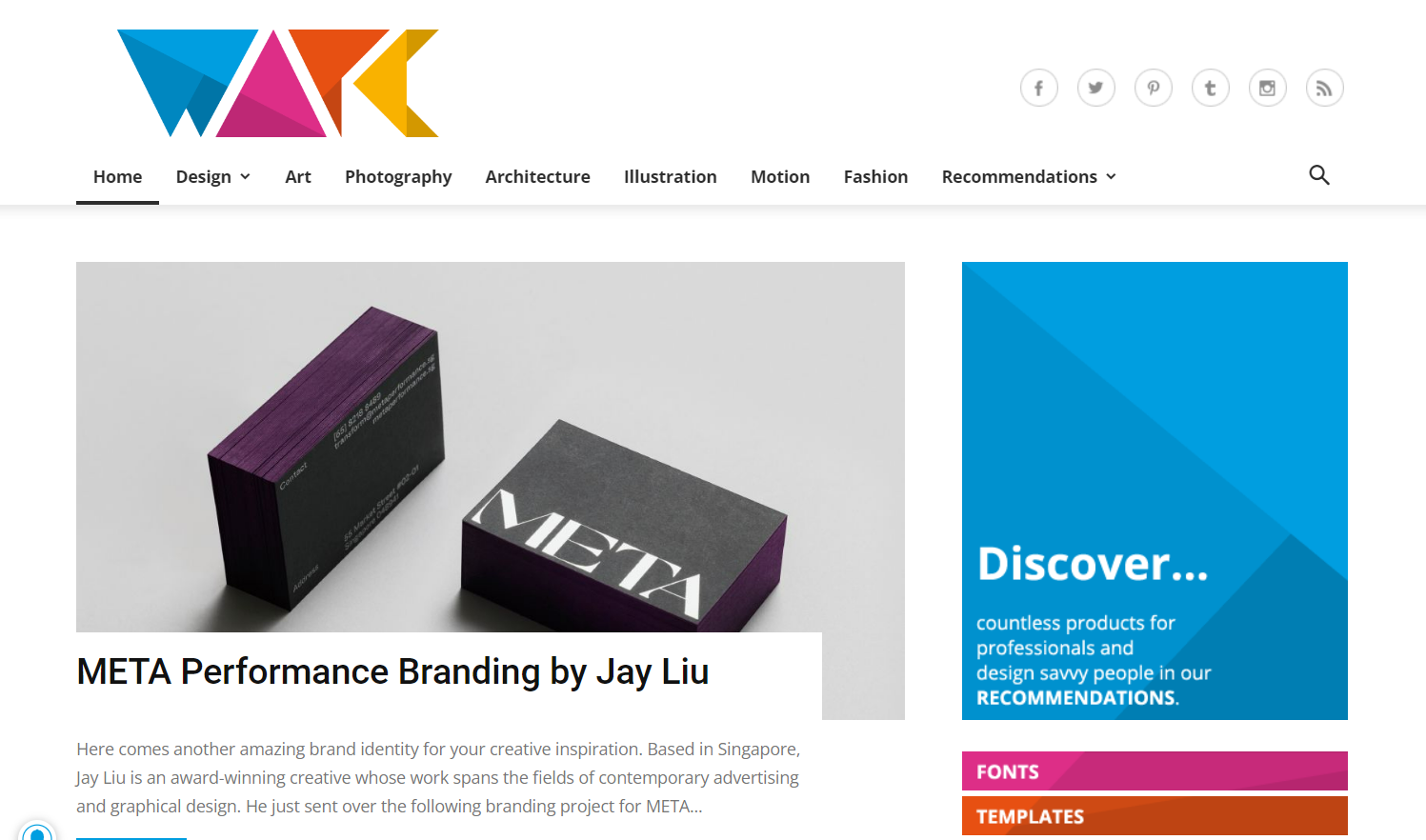 A screenshot of We and the Color’s landing page, with a bright graphic header logo, a white background, and a large blog post thumbnail.