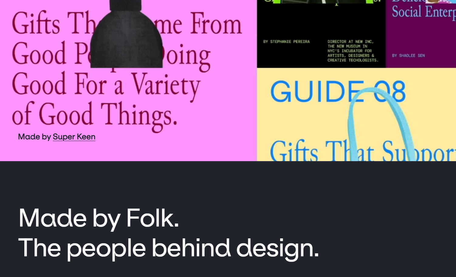 A screenshot of Made by Folk’s website, which has colorful blogs for different blog posts and a black-and-white header that says “Made by Folk. The people behind design.”
