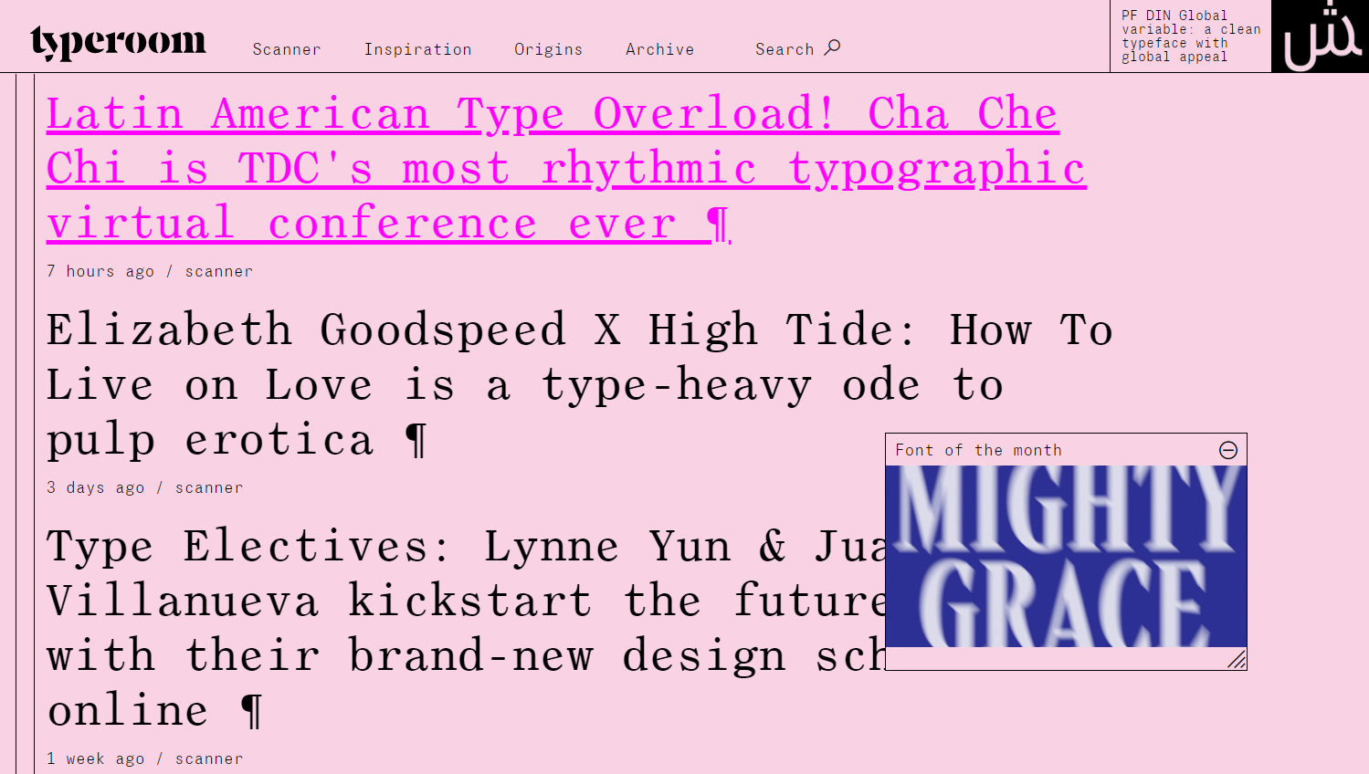 A screenshot of Typeroom’s landing page, with a light-pink background and blog post titles in a dark serif font, one of which is highlighted in hot pink.