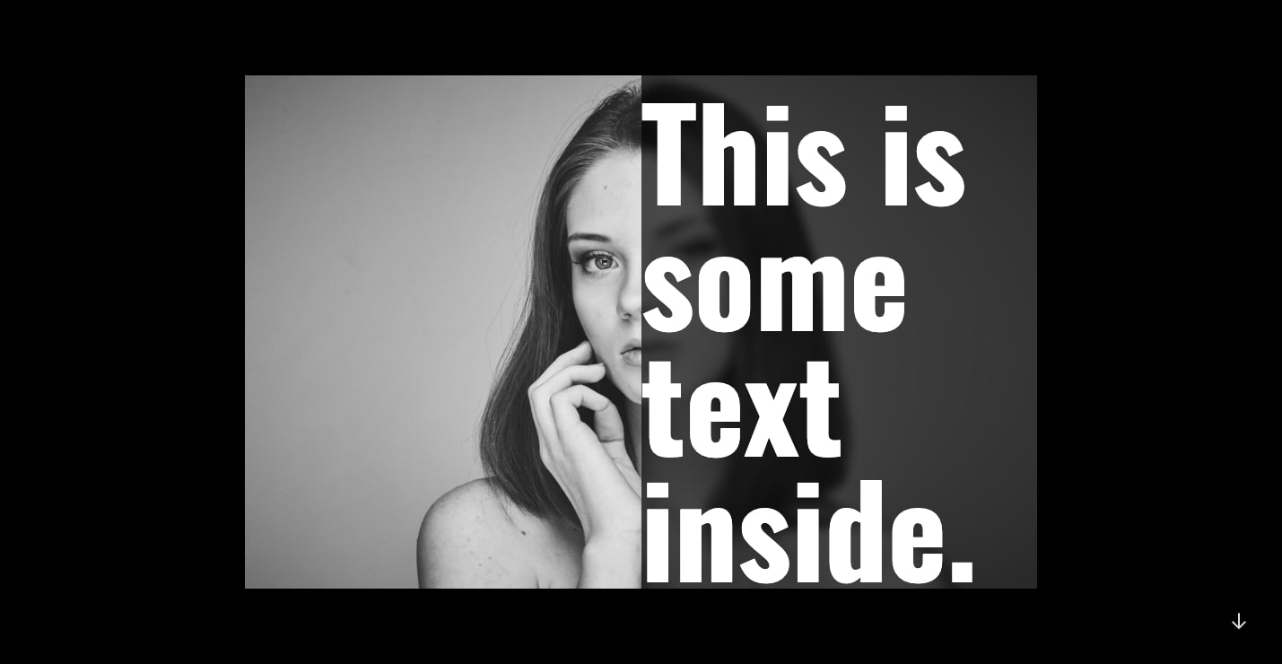 Black and white portrait of a woman. Left side is clear and grayscale, right side has a dark transparent charcoal block blurring the right side of the woman's face. Charcoal overlay has white text "this is some text inside"