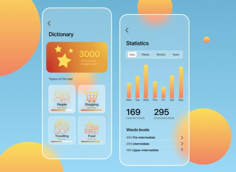 Blue background with yellow-orange gradient circles. Two glassmorphic rectangles mimic a smartphone
