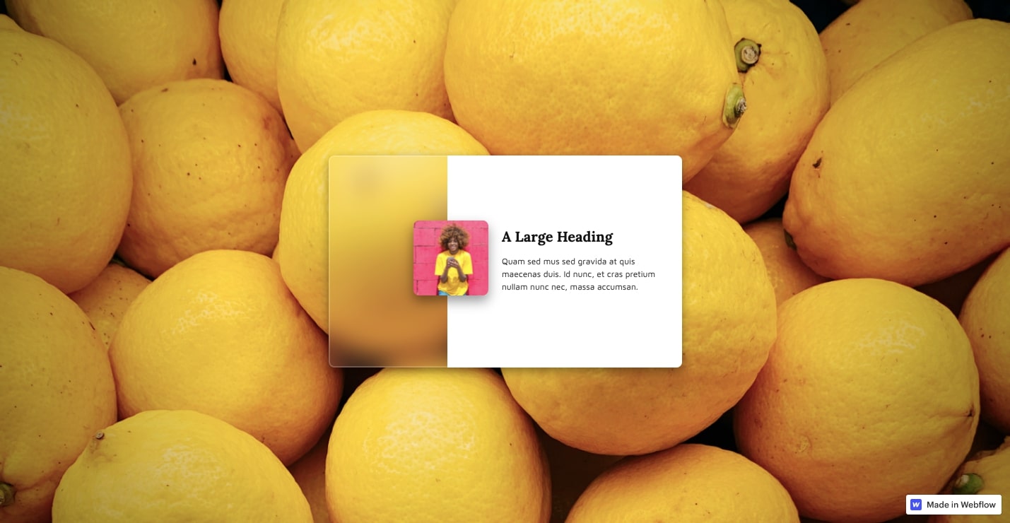 Background photo of several lemons with a glassmorphic rectangle in the center, showcasing the frosted glass effect with a short bio and photo.