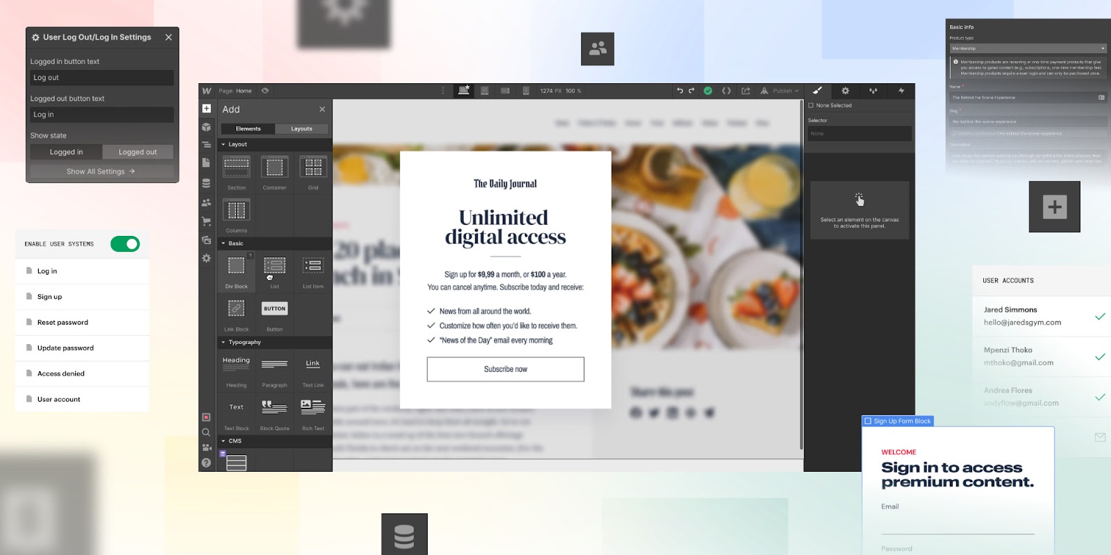 An image of the Memberships feature in Webflow Designer.