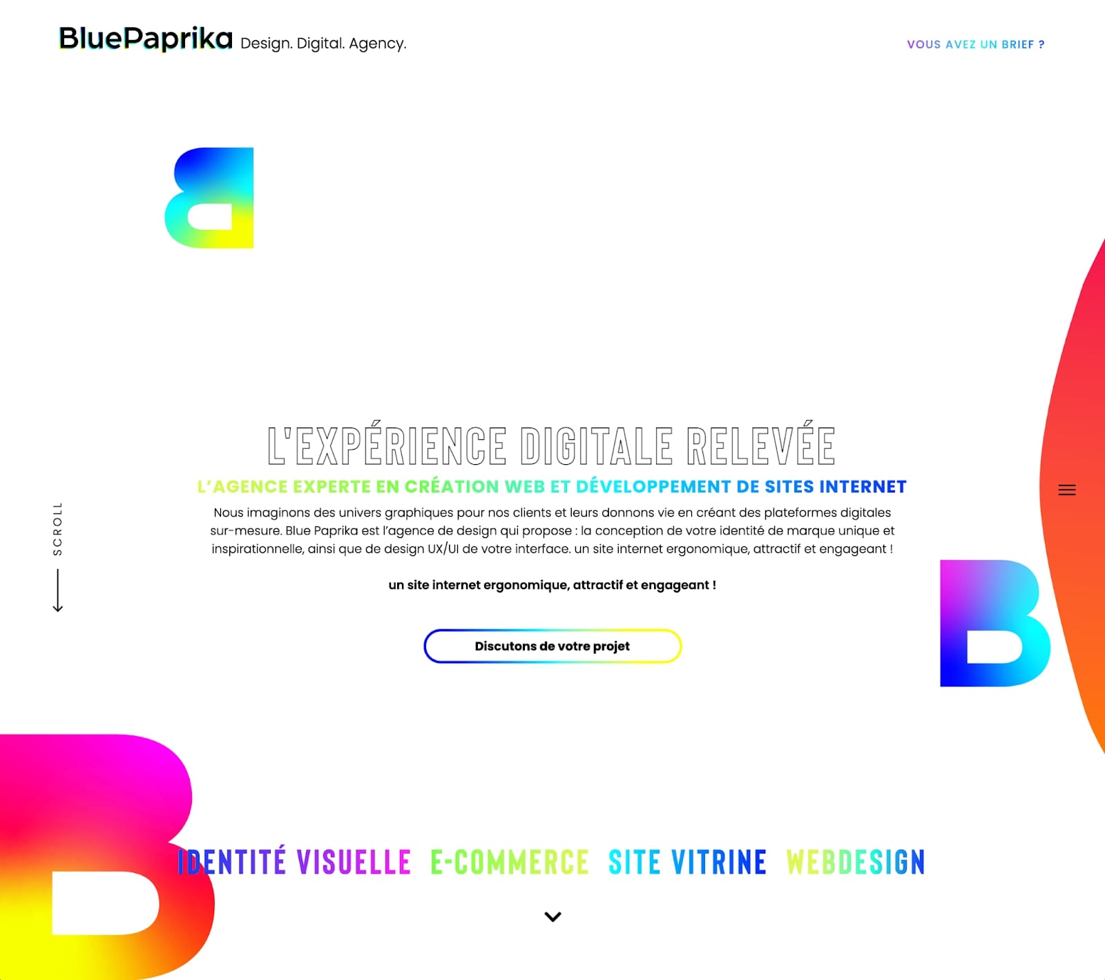 Screenshot of BluePaprika website. White background with accents of yellow-green, green, teal, and blue. Top of images shows logo (backwards B in yellow, green, blue gradient) and menu, Lorem ipsum text in center of image. Bottom of image shows large B in magenta, red, and yellow gradient next to lorem ipsum text in both the yellow, green, blue gradient and magenta, red, yellow gradient.