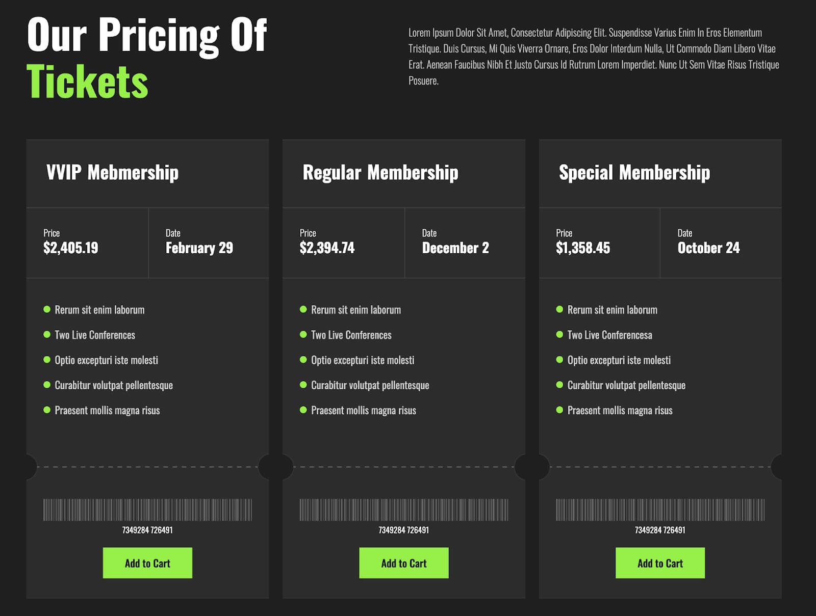 Screenshot of Conzai conference website template. Black background. Top of image shows header text in white and lime green. Majority of image shows three columns — VVIP membership, Regular membership, Special membership. Each column contains text in only white and lime green.