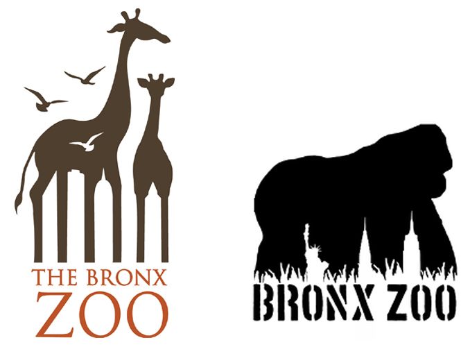 Two Bronx Zoo logos, one showing silhouettes of two giraffes and the other showing a gorilla silhouette. Both designs incorporate a white silhouette of signature NYC buildings underneath the animals’ legs.