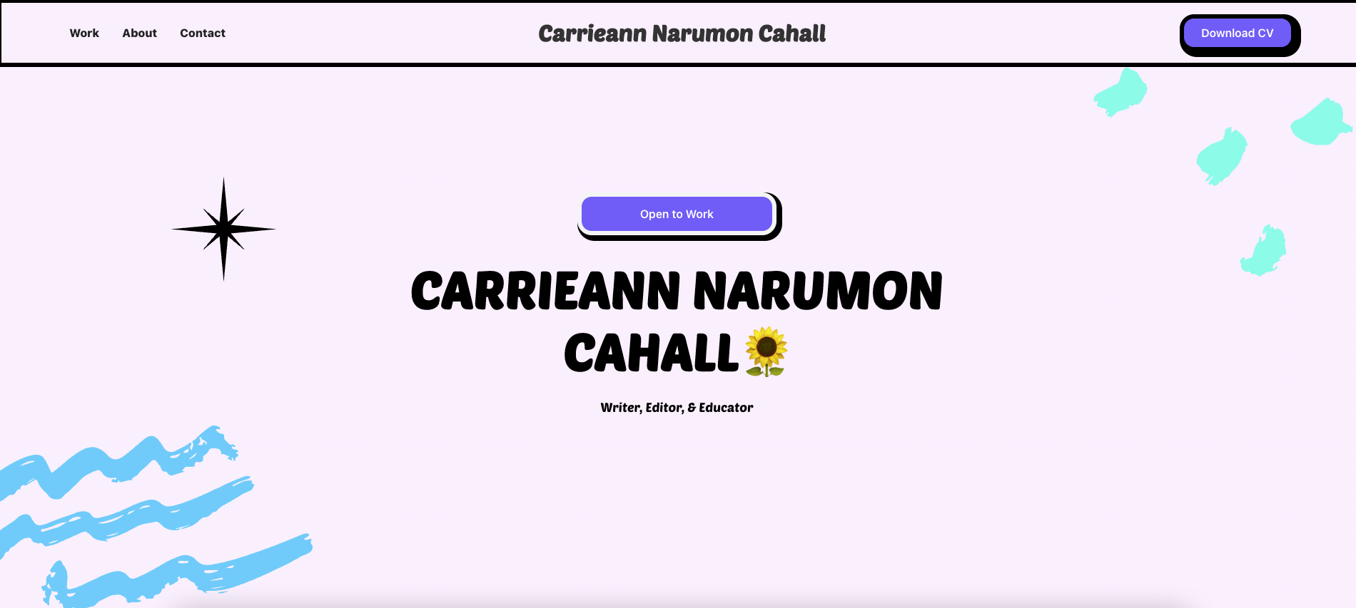 A screenshot of Carrieann Narumon Cahall’s website featuring a pink background, a navbar, and bold text.