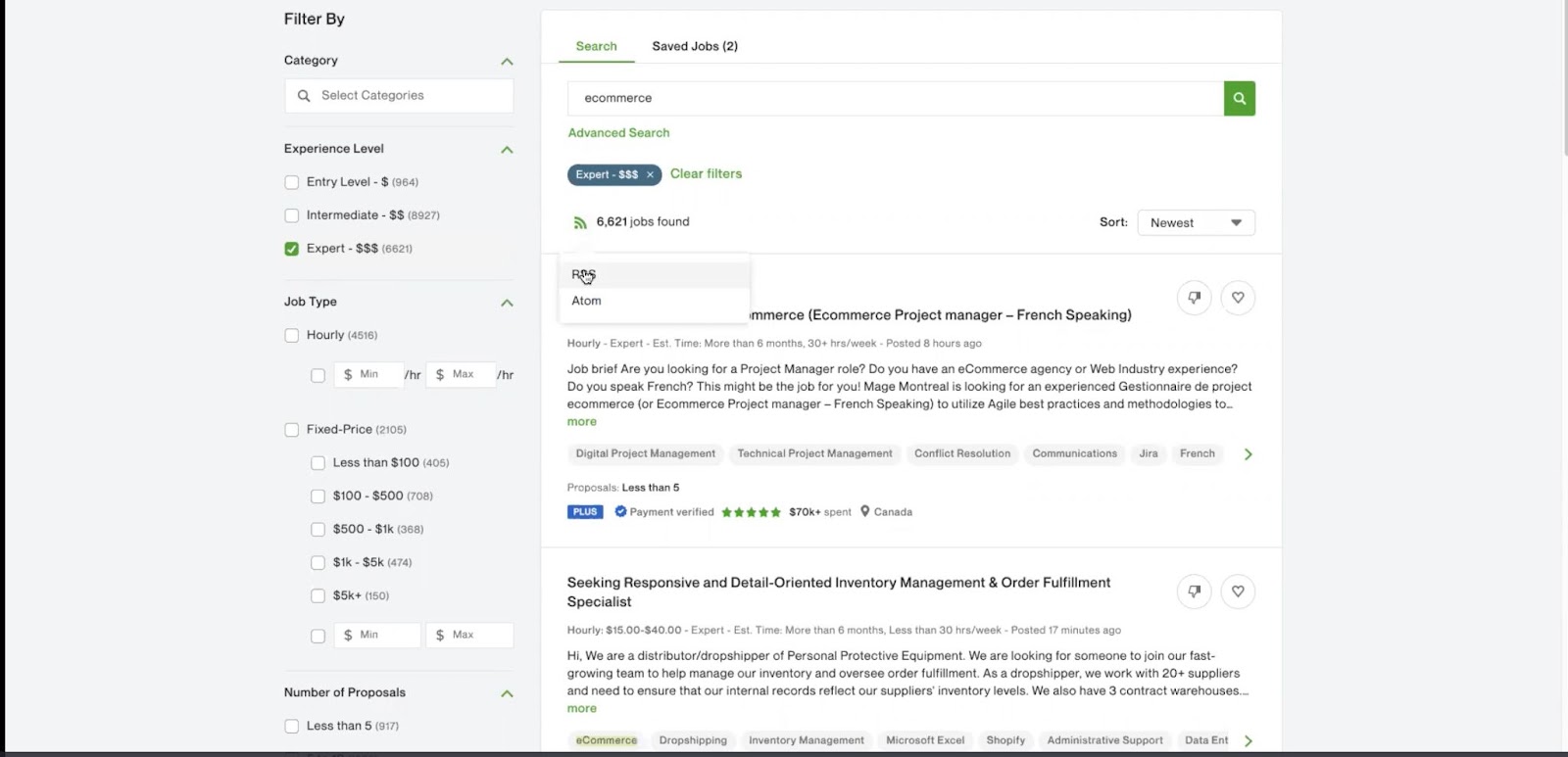 Screenshot of Upwork job filters. In left side menu "Expert- $$$" is selected. In search bar, "ecommerce" Cursor hovers over "RSS"