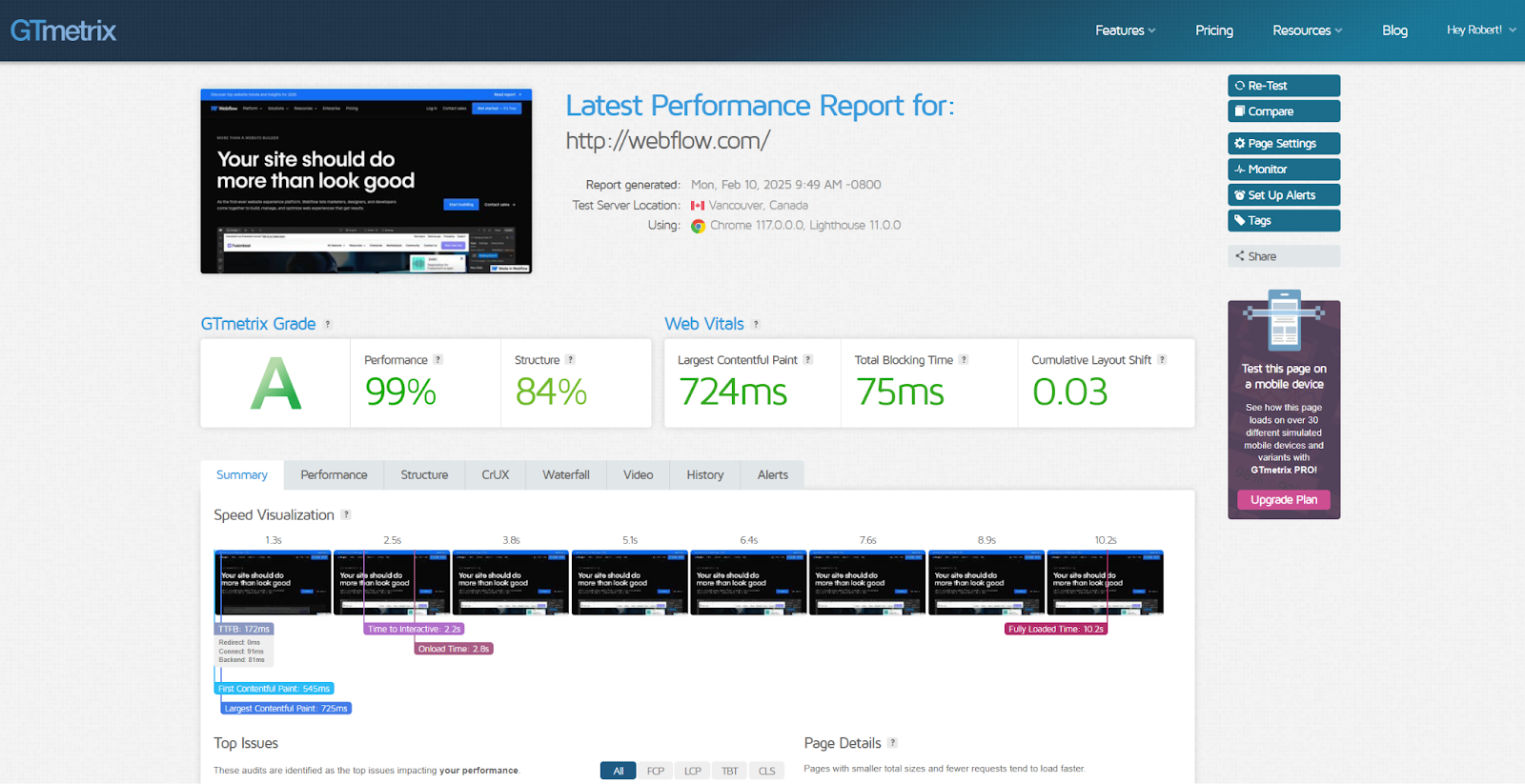 A screenshot of a GTmetrix report showing that webflow.com received an A for its performance and structure.