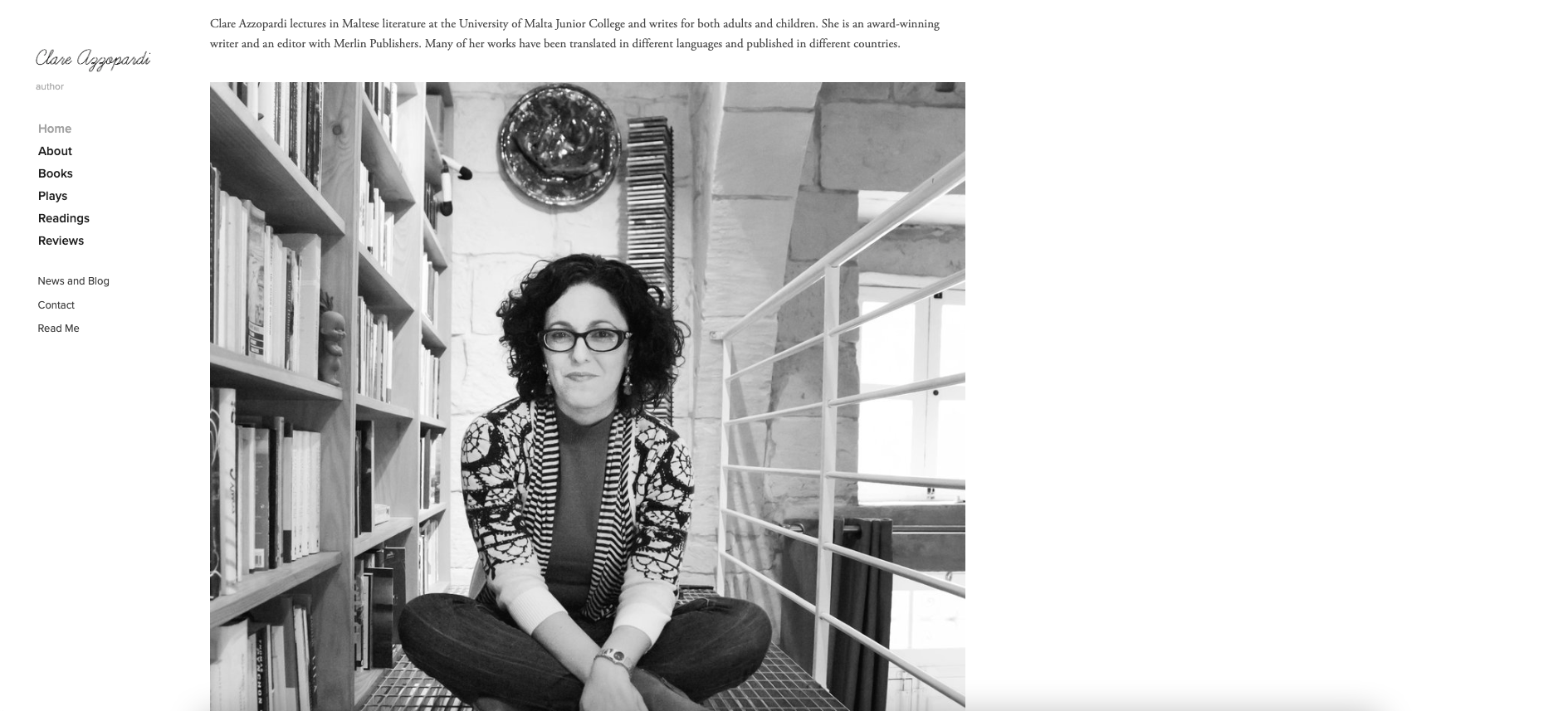 A screenshot of Clare Azzopardi’s portfolio, with a short bio and a portrait of Clare.
