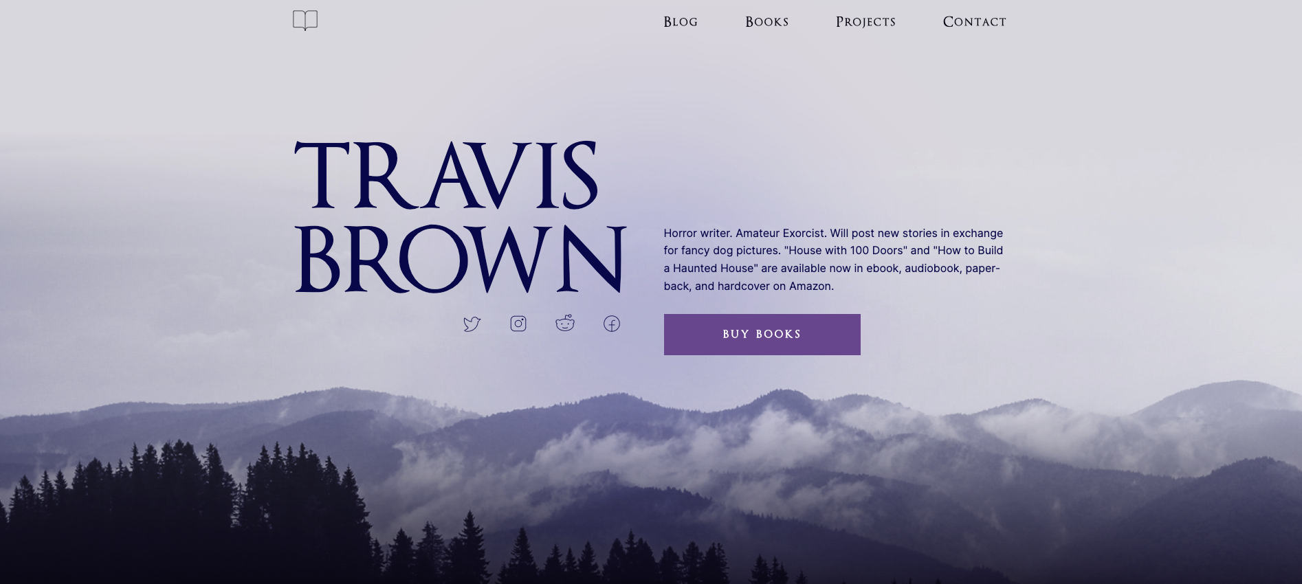 A screenshot of Travis Brown’s website, featuring a purple color scheme with a background image of mountains and trees.