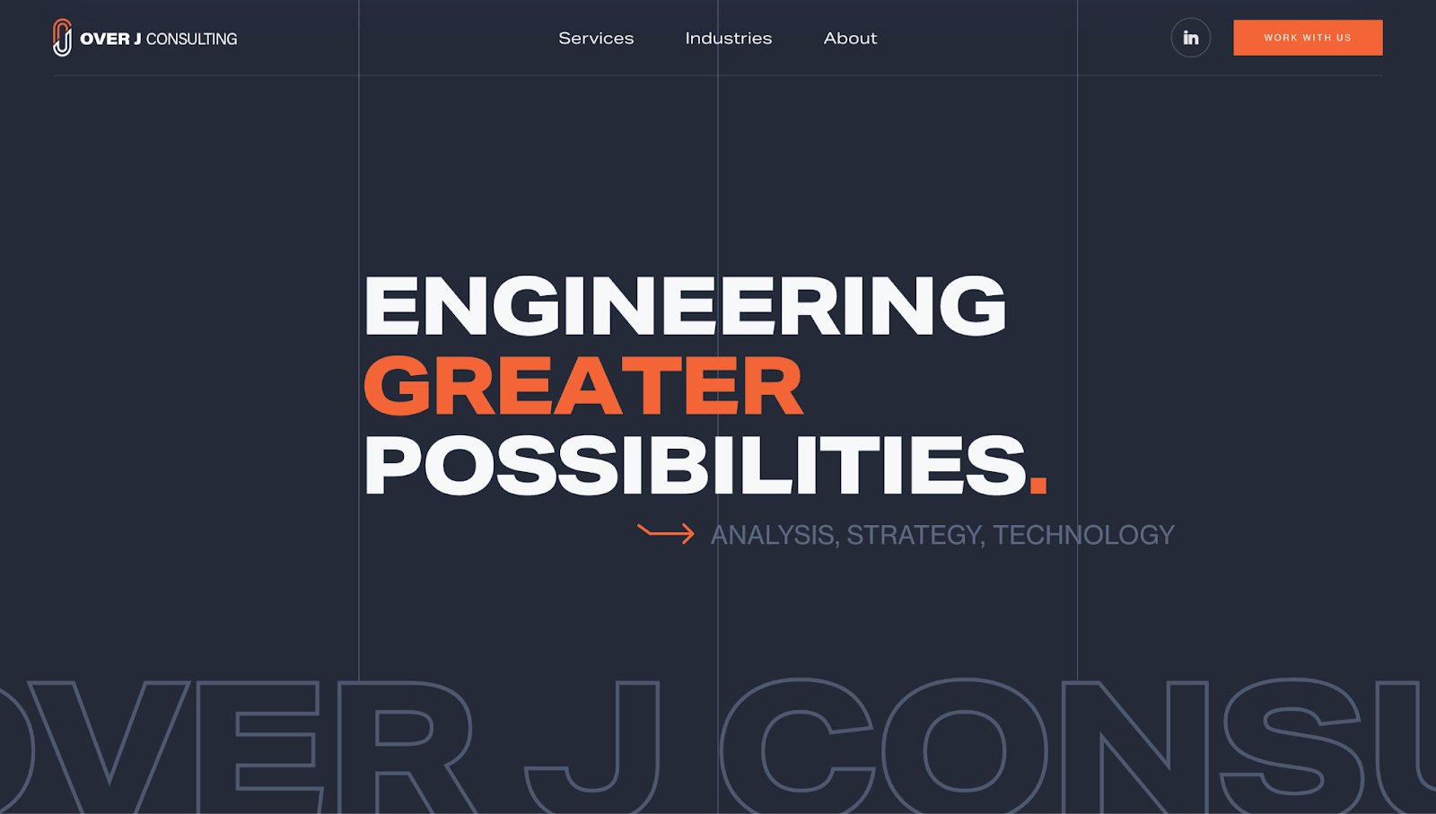 A screenshot of Over J Consulting’s homepage featuring the bold text “Engineering Greater Possibilities” against a dark background.