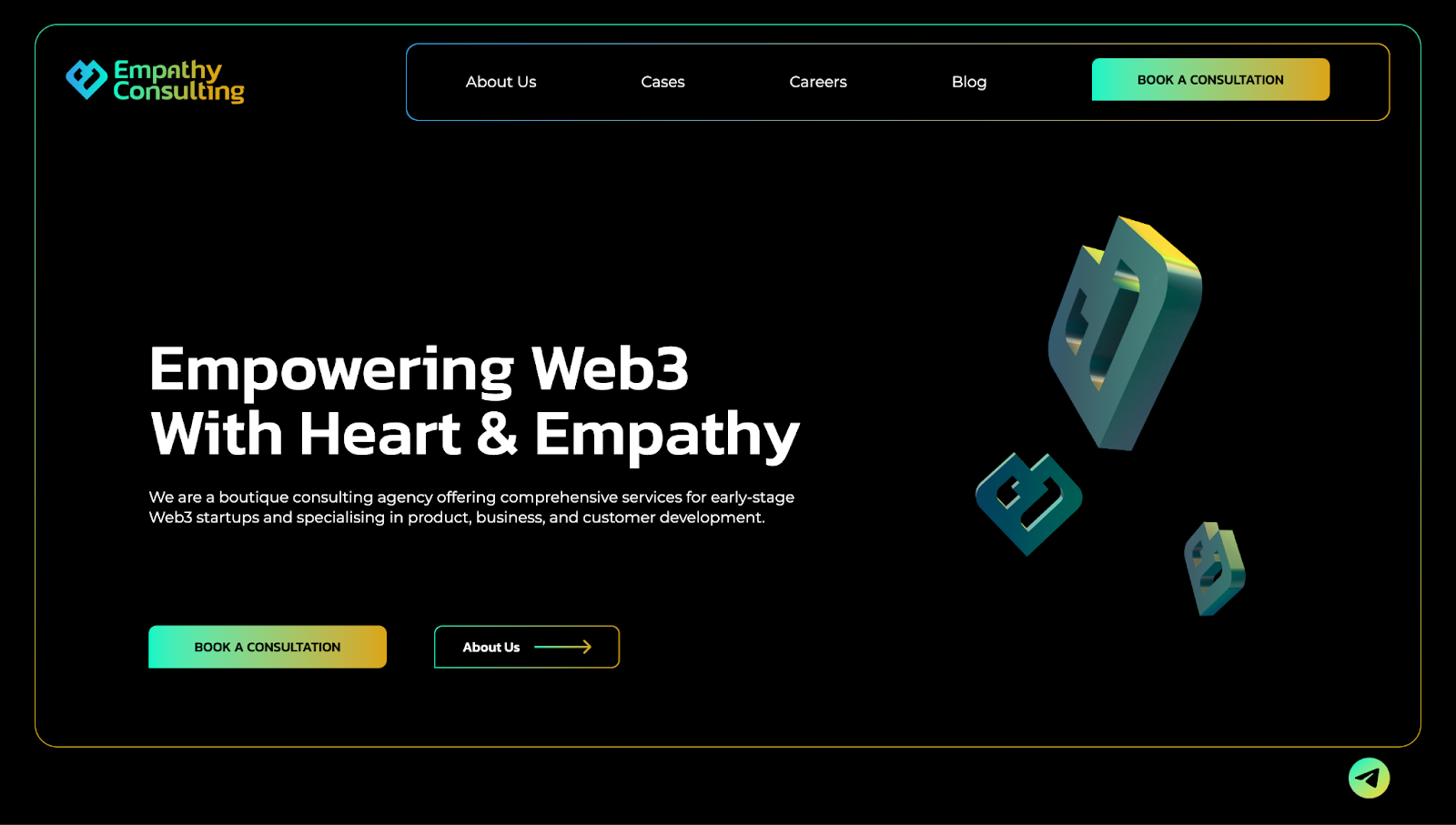 A screenshot of a website header with neon accents, 3D design elements, and the text “Empowering Web3 With Heart & Empathy” against a black background.