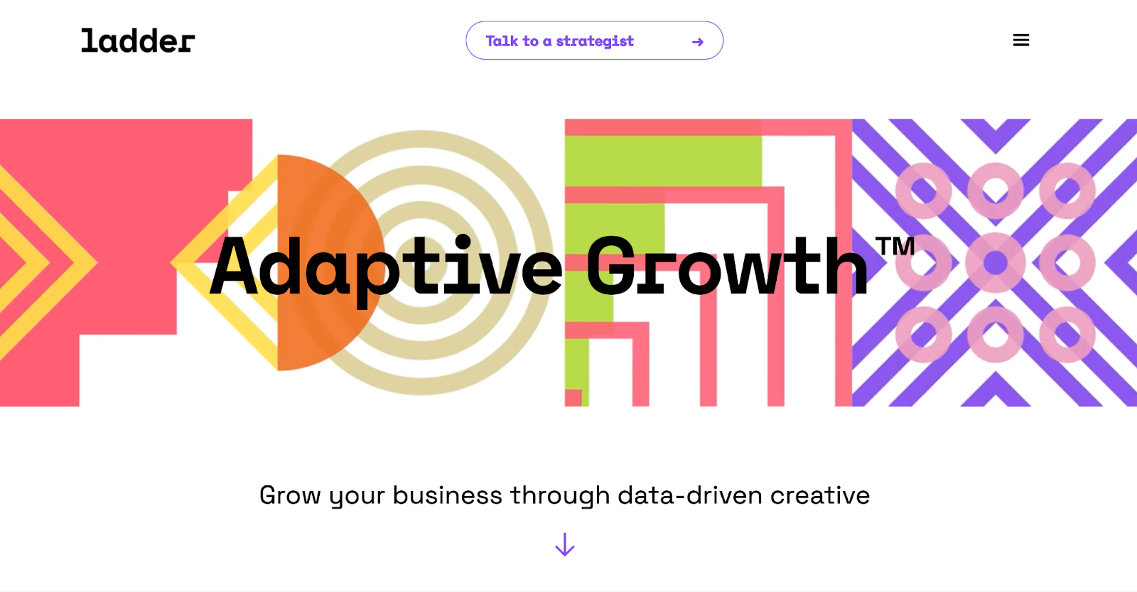 Alt text: A screenshot of Ladder’s homepage. Colorful squares sit against a white background. A bold header reads, “Adaptive Growth.”