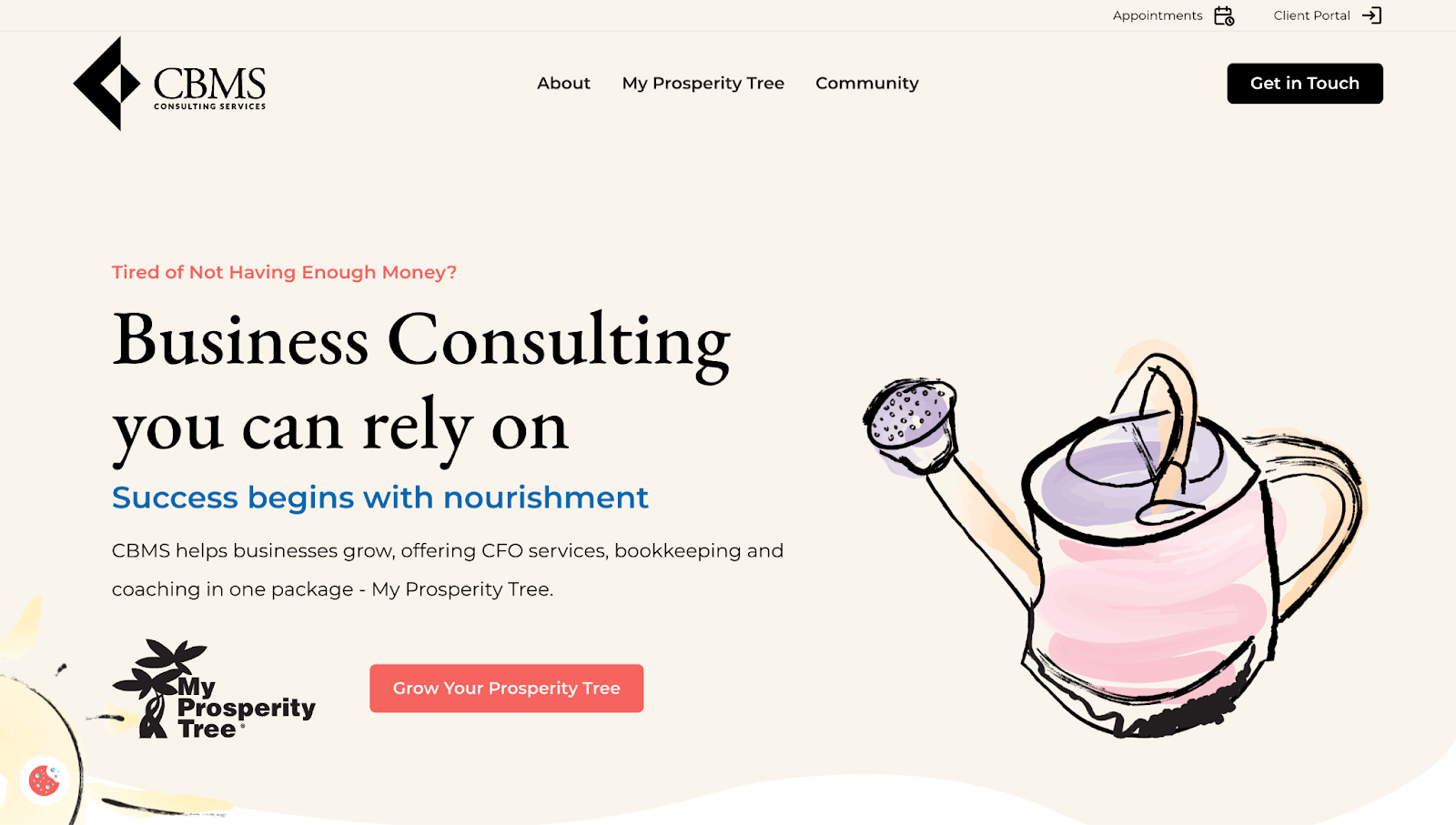 A screenshot of My Prosperity Tree’s homepage. The header text reads, “Business Consulting you can rely on.” An illustration of a watering can sits against a cream background.