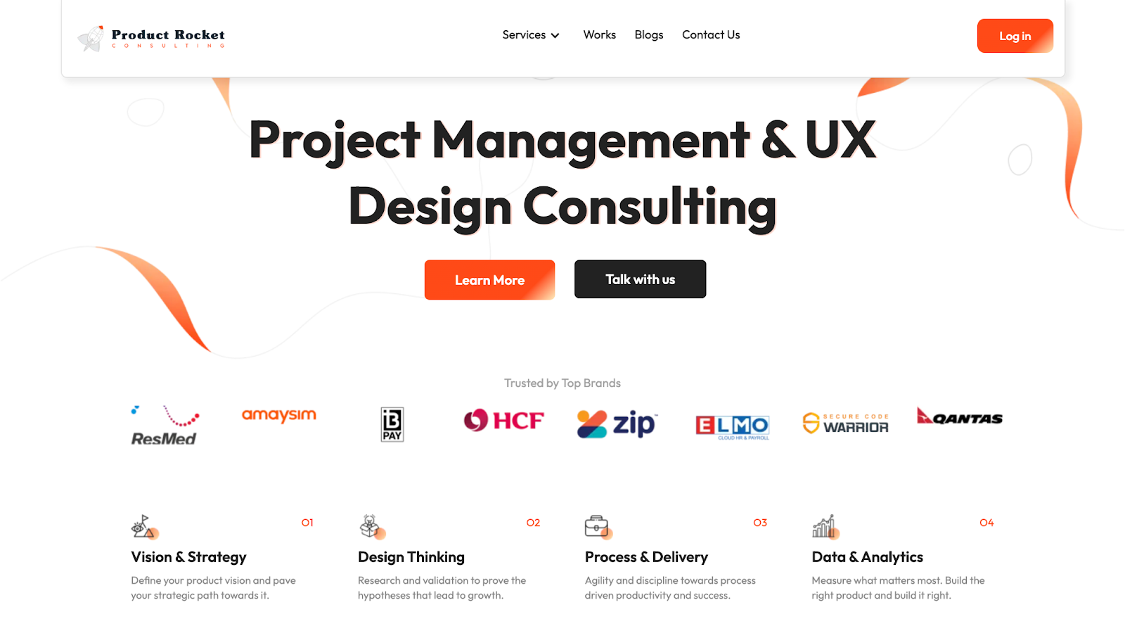 A screenshot of Product Rocket Consulting’s homepage. The header text reads, “Project Management & UX Design Consulting.” Below the header, the page features CTA buttons, a clientele list, and various services.
