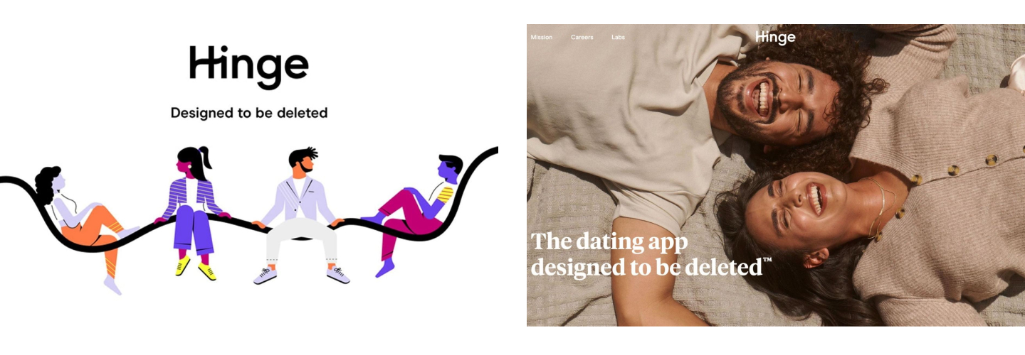 An image of Hinge's old design and new design side-by-side. s