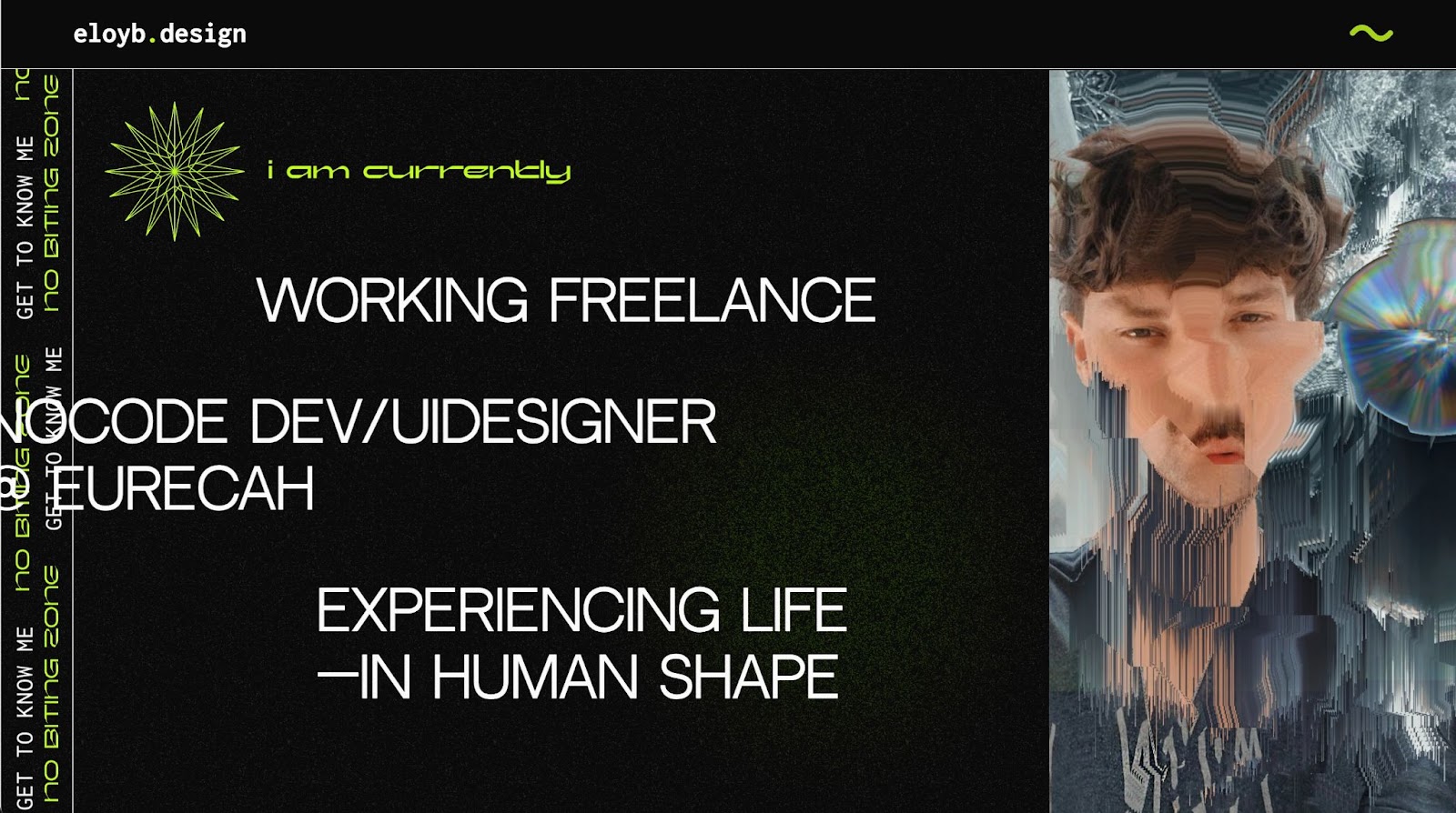 An image of eloyb.design's website. It features a glitchy image of his face on the right hand side and