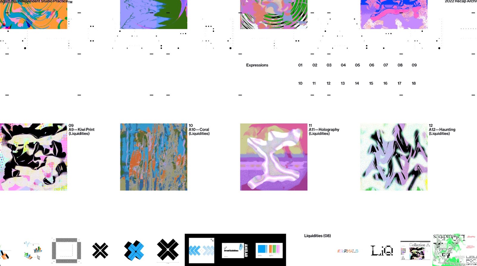 An image of Adam Ho's anti-design style photo. The image shows different rectangular graphics with psychedelic colors. Throughout the page there are tiny black dots and matter scattered about.