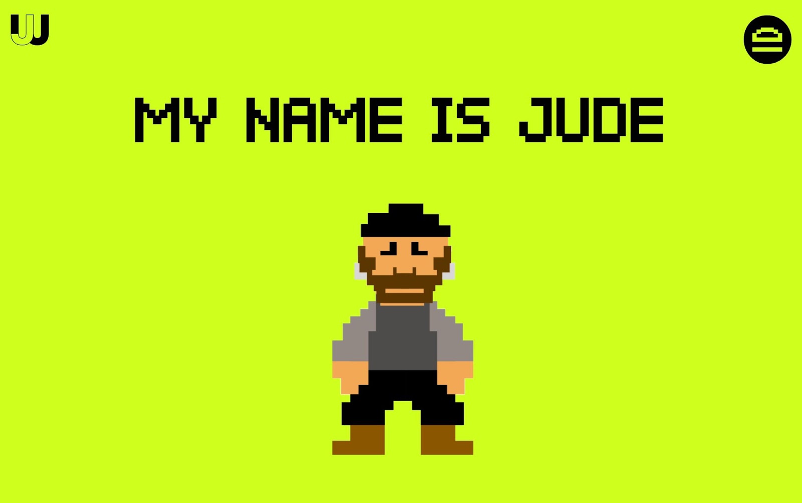 Jude Wasfi's porfolio site homepage, which is a neon green solid background layered with "MY NAME IS JUDE" in black, pixelated text and a pixelated, 2D illustrated image of Jude below the headline text.