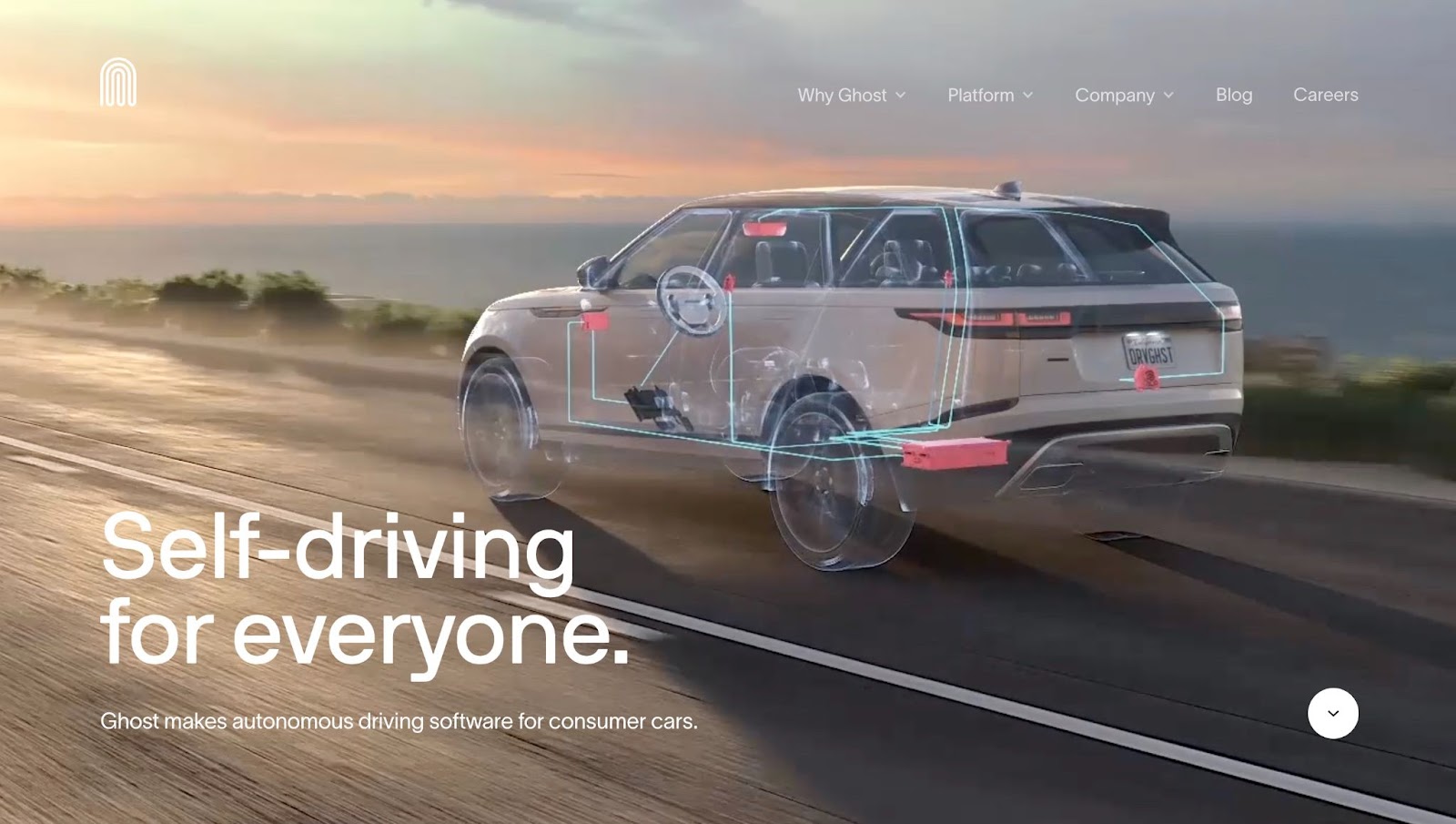 An image of a car driving down a road. The image creates an X Ray effect where along with the exterior, you're also able to see the interior seats, steering wheel and more. The header on the site reads "Self Driving for everyone"