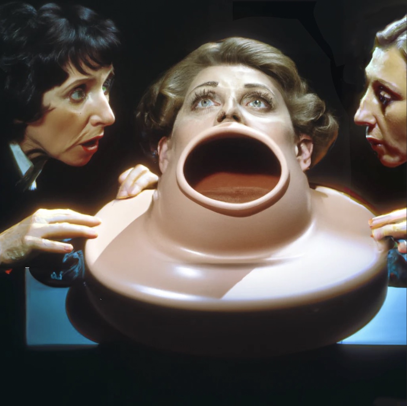 An AI generated image of a woman with her mouth open. In the image the mouth is comically large and the woman is flanked by two other women looking startled on either side.