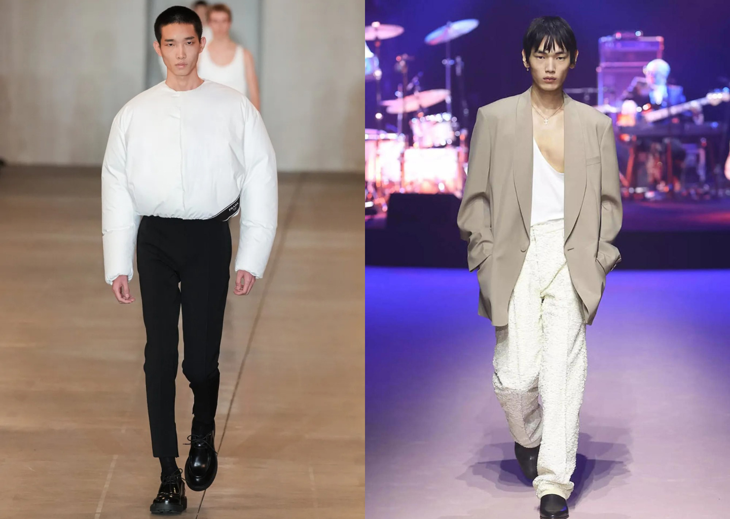 An image showcasing the minimalist trends on the runways. On the left, we see a male model from Prada's 2023 show. He is wearing a white puffy top with black trousers. On the right we see a male model from Gucci's 2023 show. We see him wear a tan blazer with a white shirt underneath and white pants.