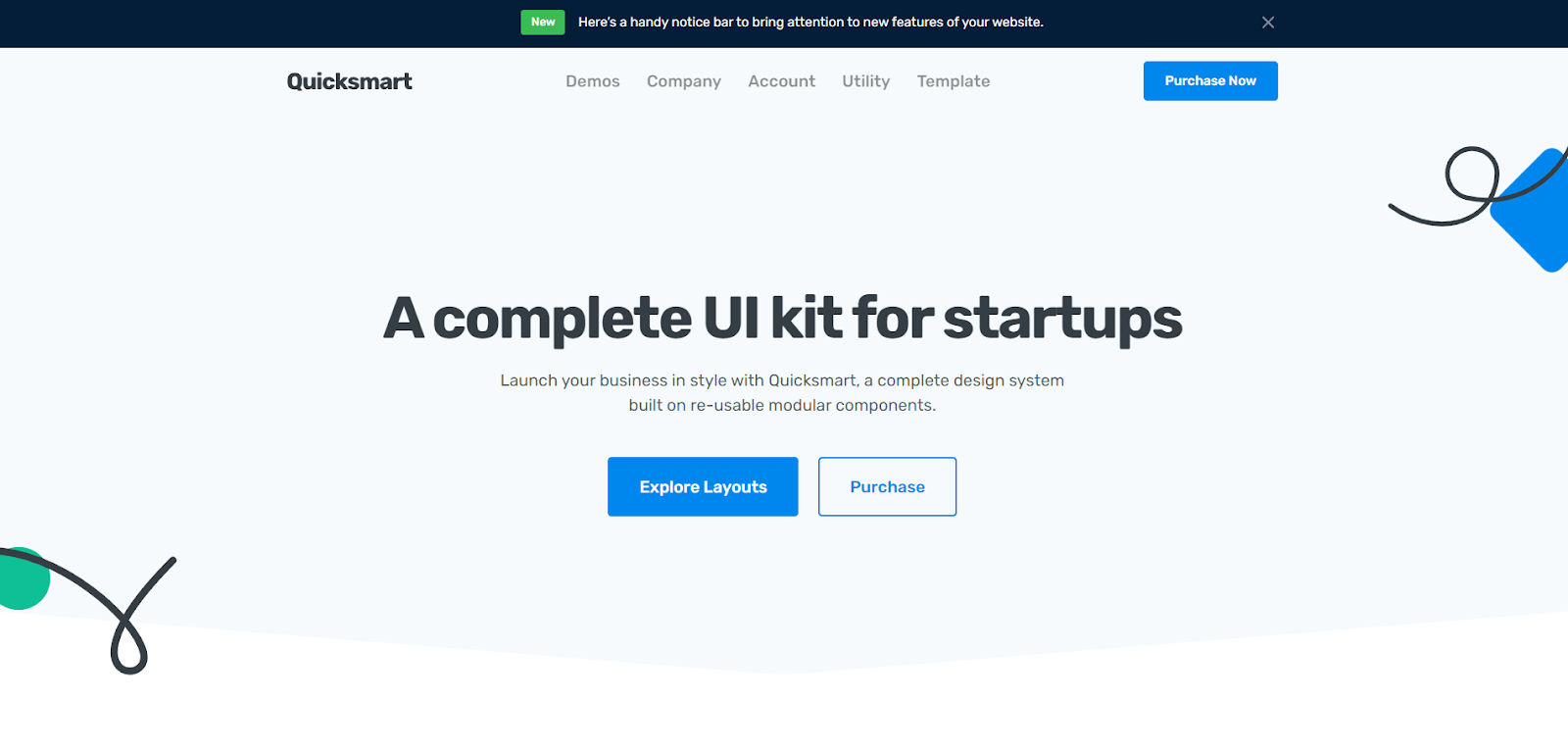 The Quicksmart home page uses a white background with playful, swirly decorations. At the center is a headline reading, “A complete UI kit for startups.”